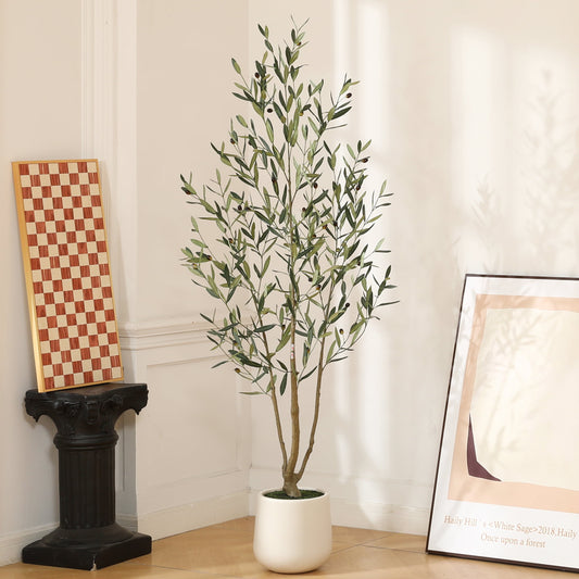 6ft Artificial Olive Tree in Large White Round Pot - Realistic Decorative Indoor Plant for Home and Office
