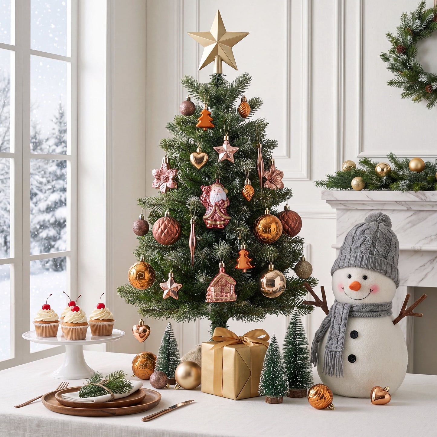 DR.Planzen 44ct Brown Gold & White Christmas Ornaments Set, Assorted 2.36" & 1.18" Embossed Glazed Holiday Balls with Trees & Hearts, Indoor Rustic Decor