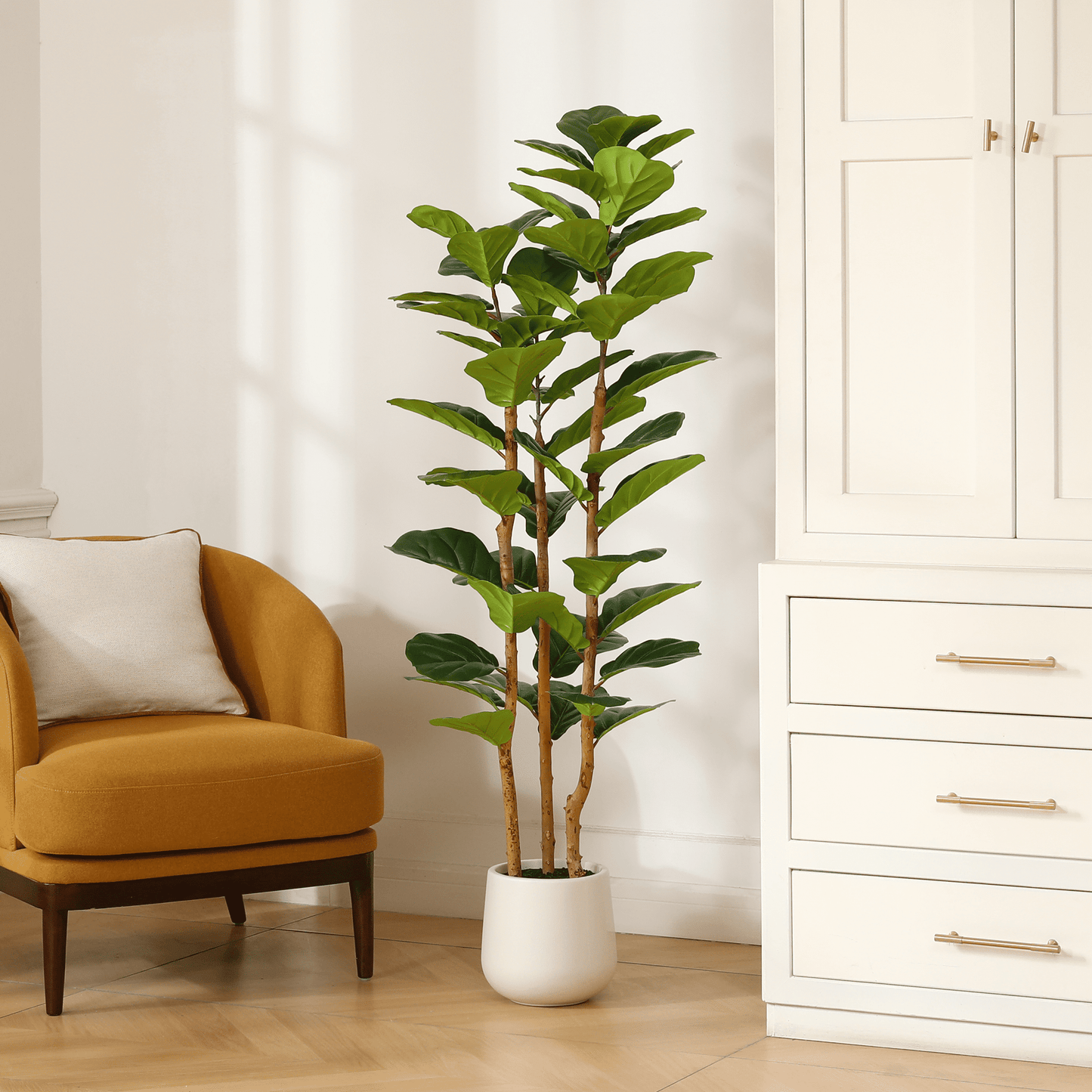 5ft Artificial Fiddle Leaf Fig Tree - Set of 3 Wooden Trunks in One Pot - Realistic Home Decor and Office Plant