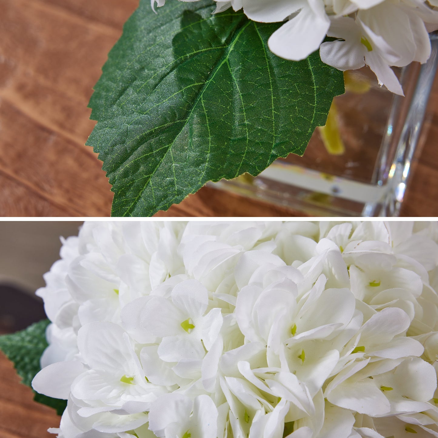 DR.Planzen 8'' Artificial White Hydrangea in Square Glass Vase - Realistic 384-Petal Silk Flower with Faux Water, Home Office Tabletop Decor