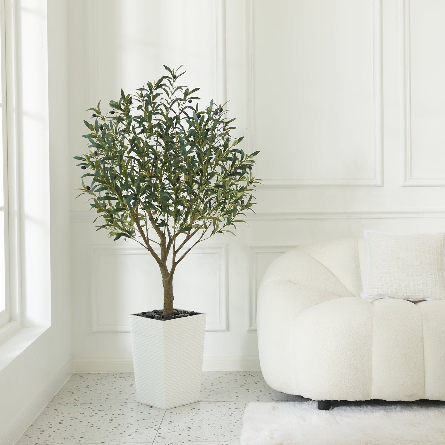 DR.Planzen UV Resistant 5ft Artificial Olive Tree in White Large Planter with Pebbles¨C Faux Olive Tree for Indoor and Outdoor Decor, Lifelike Greenery for Home & Garden Decor