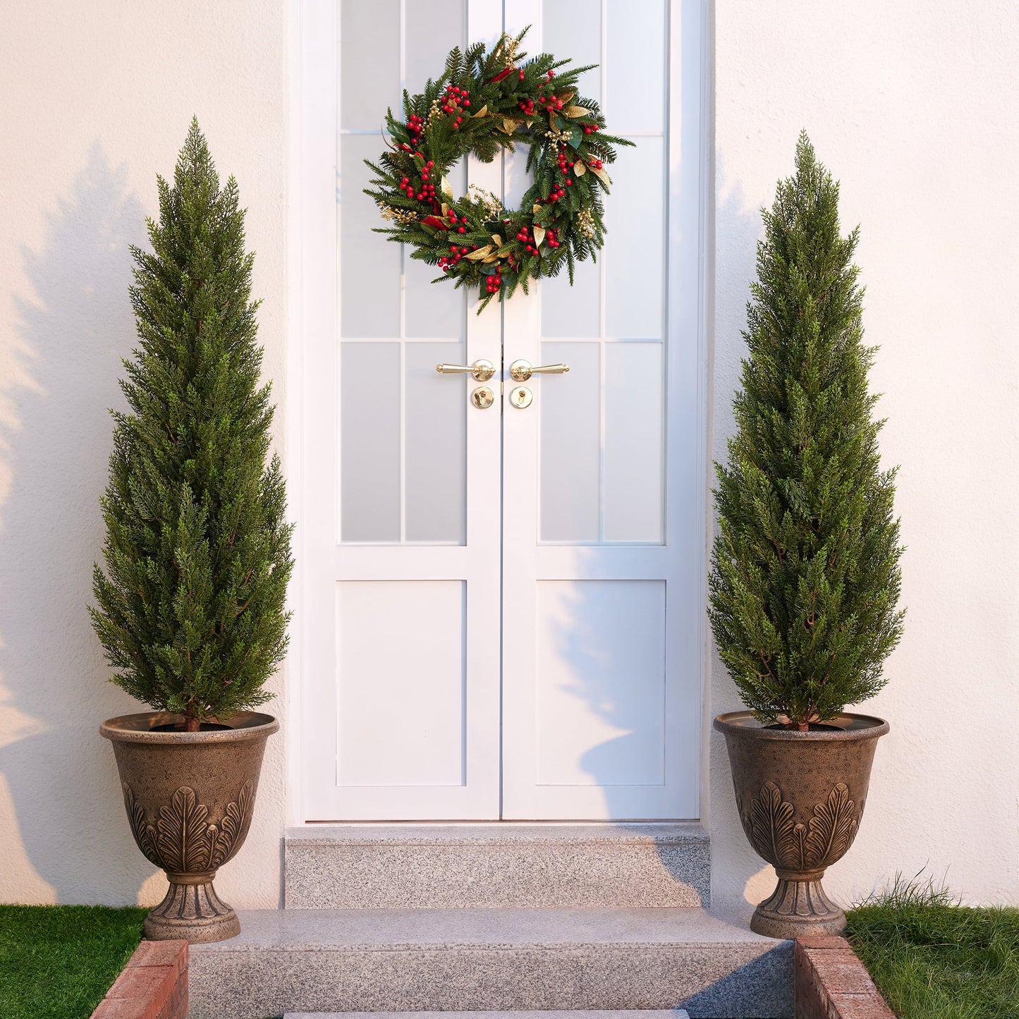 DR.Planzen 2 Pack 5ft Artificial Cedar Tree with Real Wood Trunk, Faux Silk Plant UV Resistant for Indoor Outdoor, Lifelike Fake Potted Tree for Home Office Decor