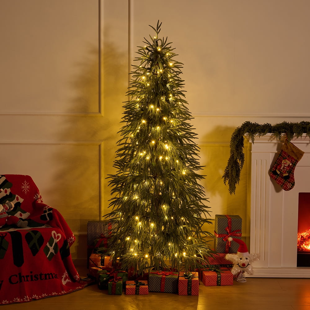 DR.Planzen 5ft Pre-Lit Norfolk Pine Christmas Tree, Artificial Slim Christmas Tree - 100 Warm White LEDs, 3 Light Modes, Adjustable PE Branches - for Apartment, Home & Office