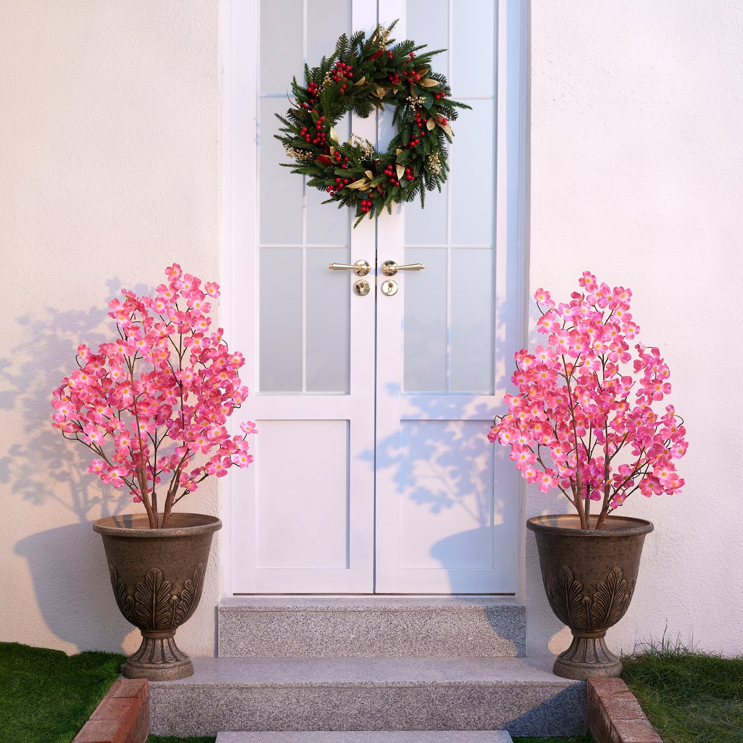 DR.Planzen 2 Pack 3ft Artificial Red Dogwood Tree, Lifelike Faux Dogwood Flower Tree with Green Leaves for Home Decor Indoor Outdoor, Spring Decoration for Living Room Office