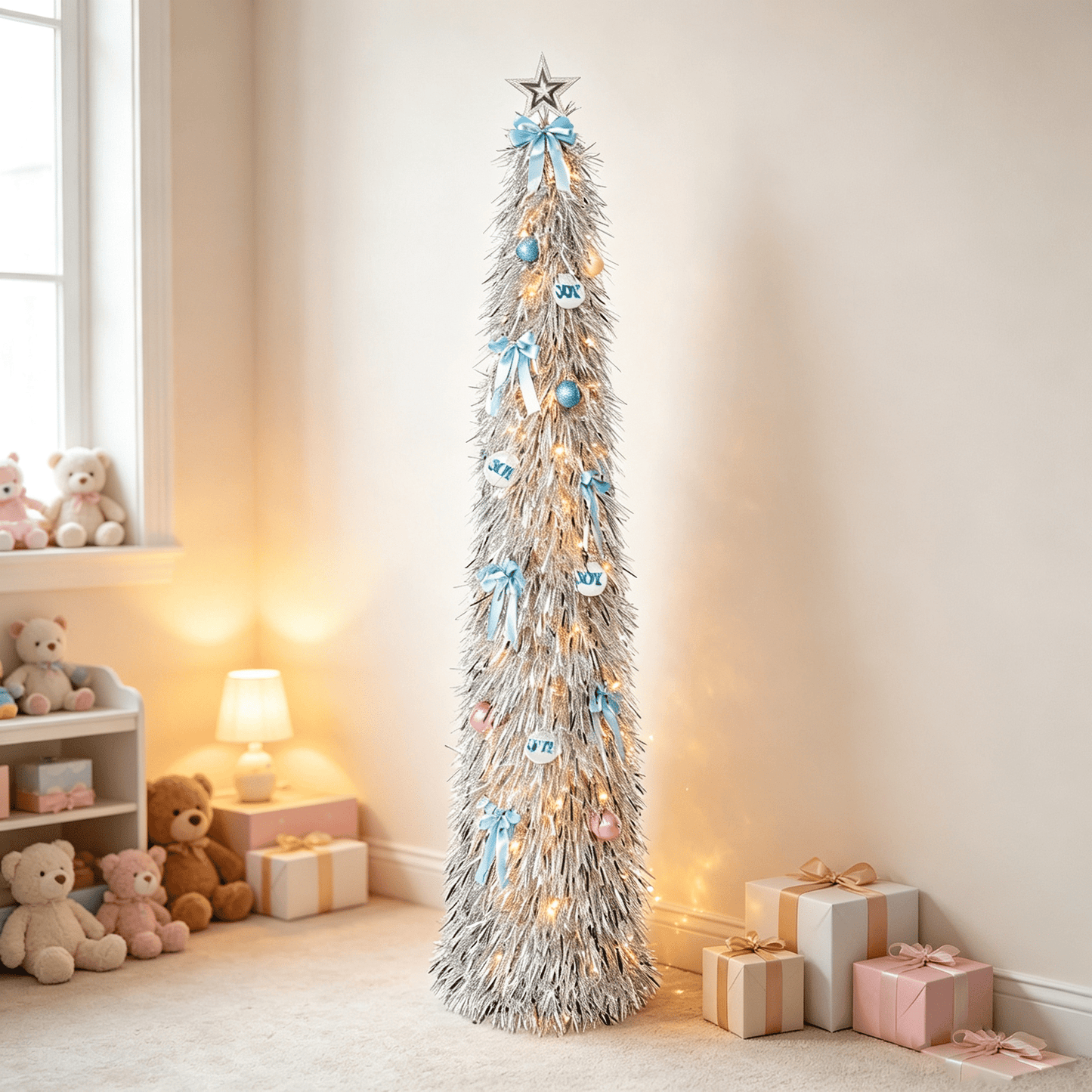 DR.Planzen 5ft Pop Up Christmas Tinsel Tree, Pre Lit Slim Christmas Tree, Silver LED Pencil Tree with 50 Warm White Lights, Star Topper & Ornaments Set, Collapsible Holiday Decor