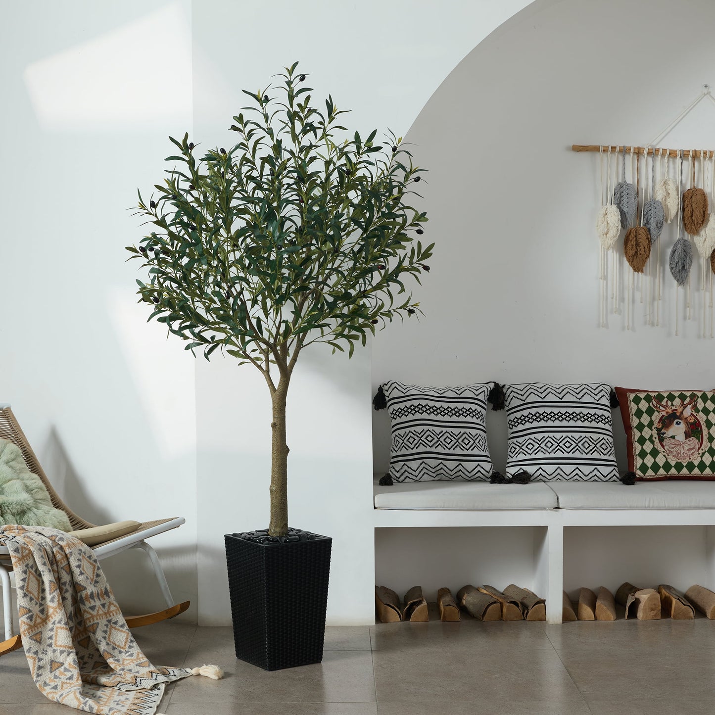 DR.Planzen UV Resistant 6ft Artificial Olive Tree in Black Large Planter with Pebbles¨C Faux Olive Tree for Indoor and Outdoor Decor, Lifelike Greenery for Home & Garden Decor