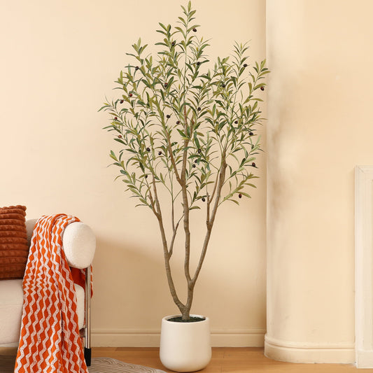 6ft Fake Plastic Olive Tree with Oval White Planter, Pre Potted Faux Greenry Plant for Home Decor Office House Living Room Indoor Outdoor, Big Fake Plants Fake House Plants