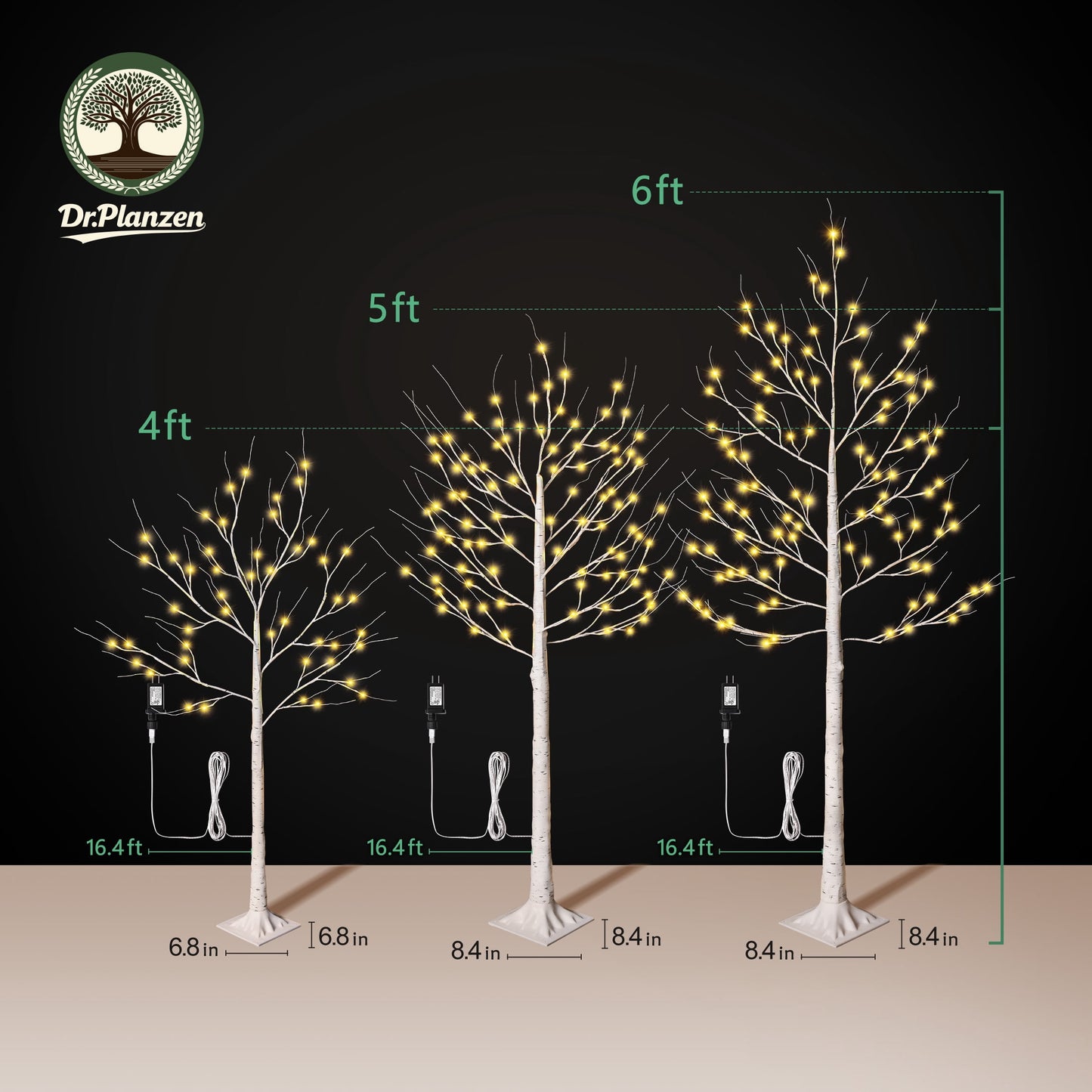 LED Birch Tree Light Set - 4ft, 5ft, 6ft Artificial Pre-lit Trees - with Plug-in Warm Lights - Indoor Outdoor Christmas Holiday Wedding Decor for Home Party (3-Pack)