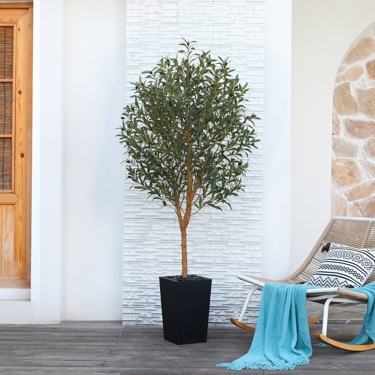 DR.Planzen UV Resistant 6ft Artificial Olive Tree with Natural Wood Branches and Realistic Silk Leaves,Faux Olive Tree for Indoor and Outdoor Decor - Black Large Planter with Pebbles