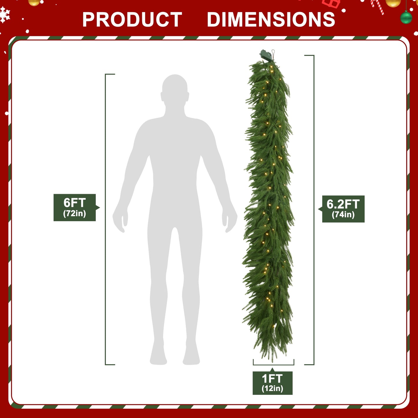 DR.Planzen 6ft Pre-Lit Artificial Norfolk Pine Foliage Spray with 50 Warm White LED Lights, 90 PE Branches & 30 Tips, Battery Operated DIY Christmas Tree Filler & Vase Decor