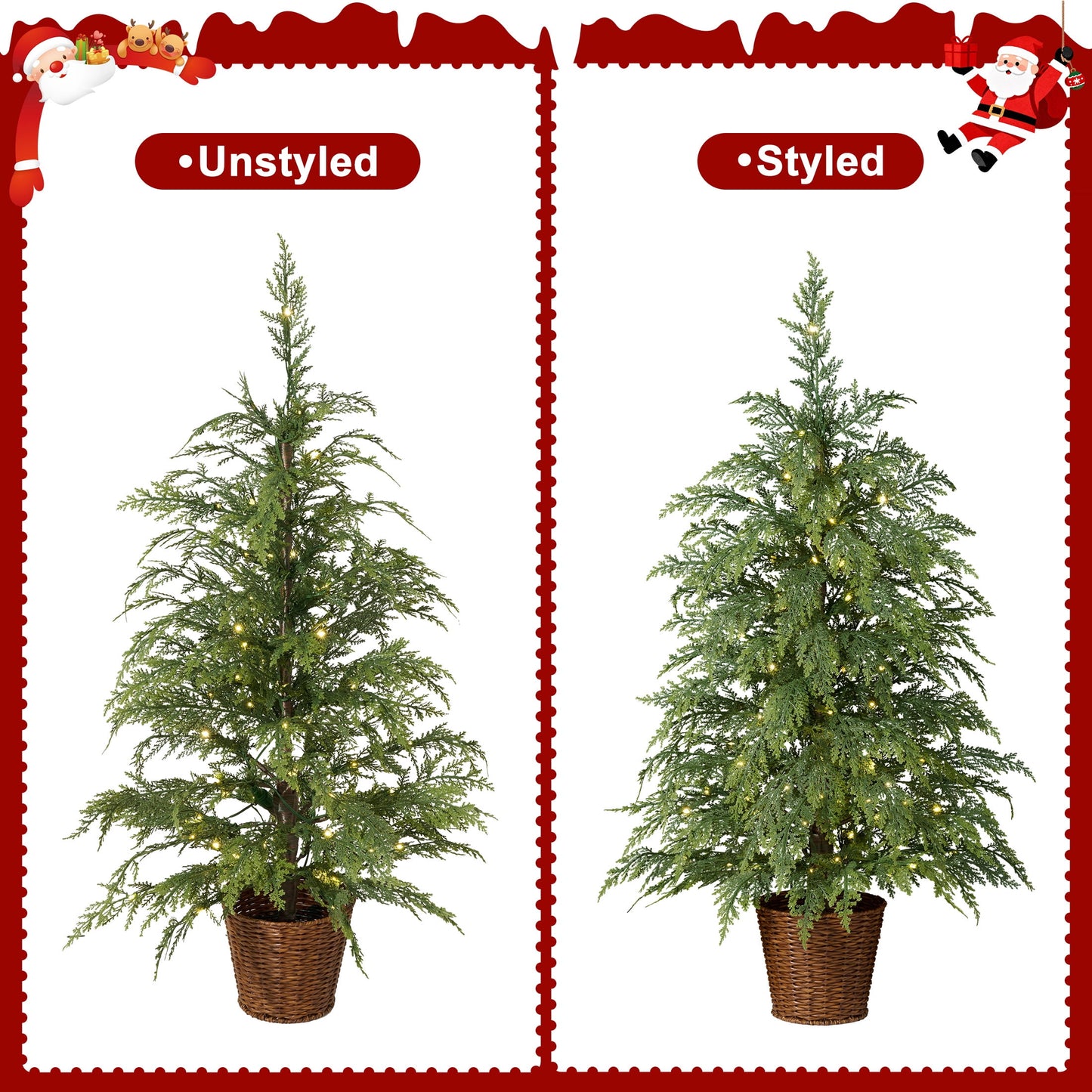 DR.Planzen 36" Pre-Lit Green Cypress Artificial Christmas Tree with 70 Warm White Twinkle LED Lights, Mini Tabletop Xmas Tree in Woven Basket Base, Indoor Desktop Holiday Decor