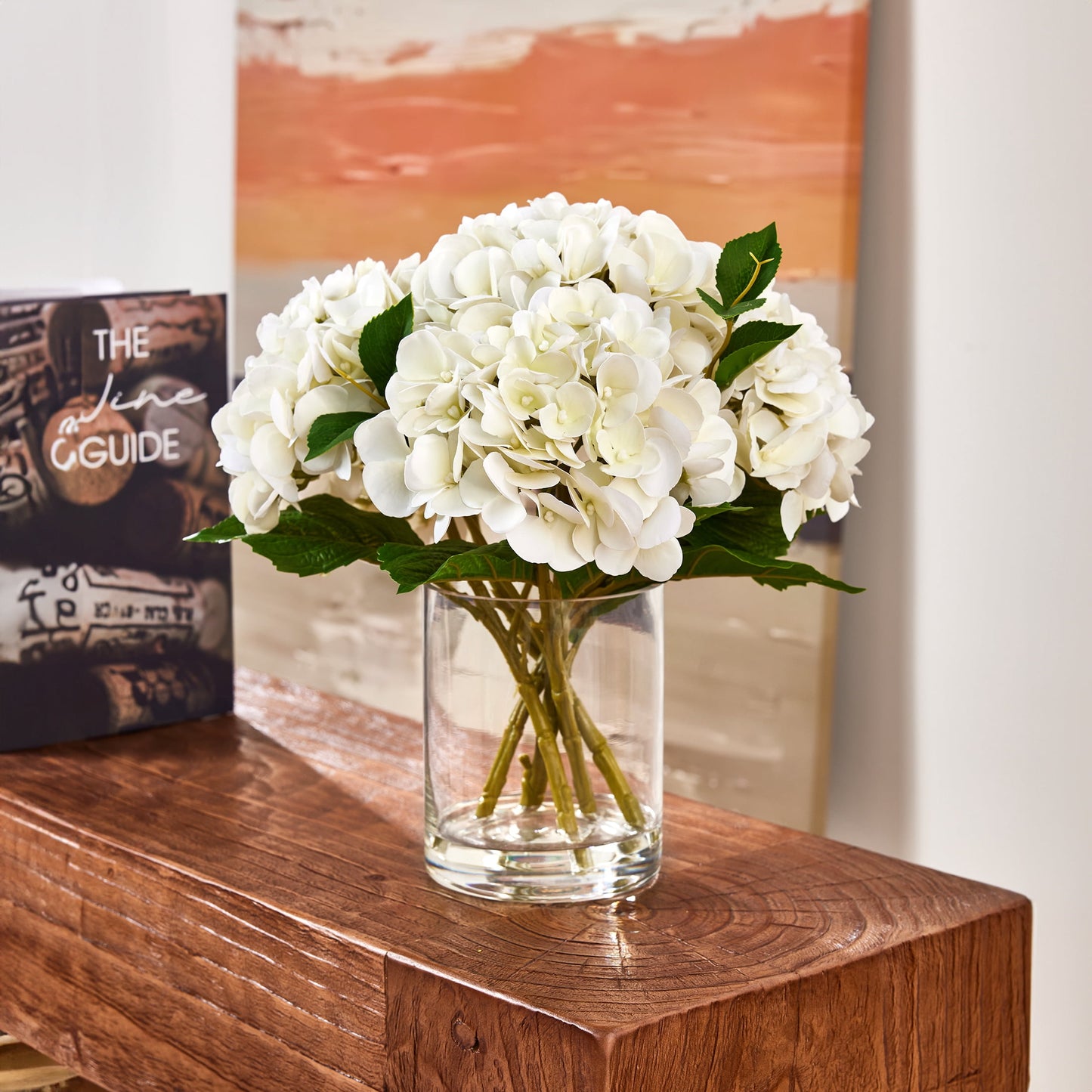 DR.Planzen Artificial Hydrangea in Vase with Faux Water, 12" Realistic White Silk Flowers, 5 Stems 40 Leaves 90 Florets, Ready-to-Use Tabletop Decor for Home Office