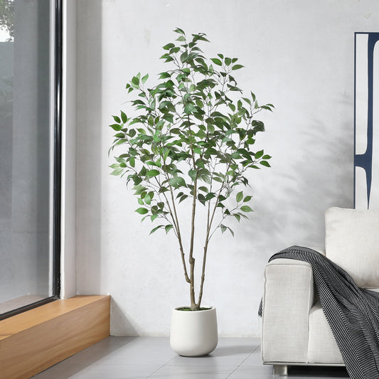 6ft Artificial Ficus Tree in Large White Round Pot, Lush Green Leaves for Home or Office Decor