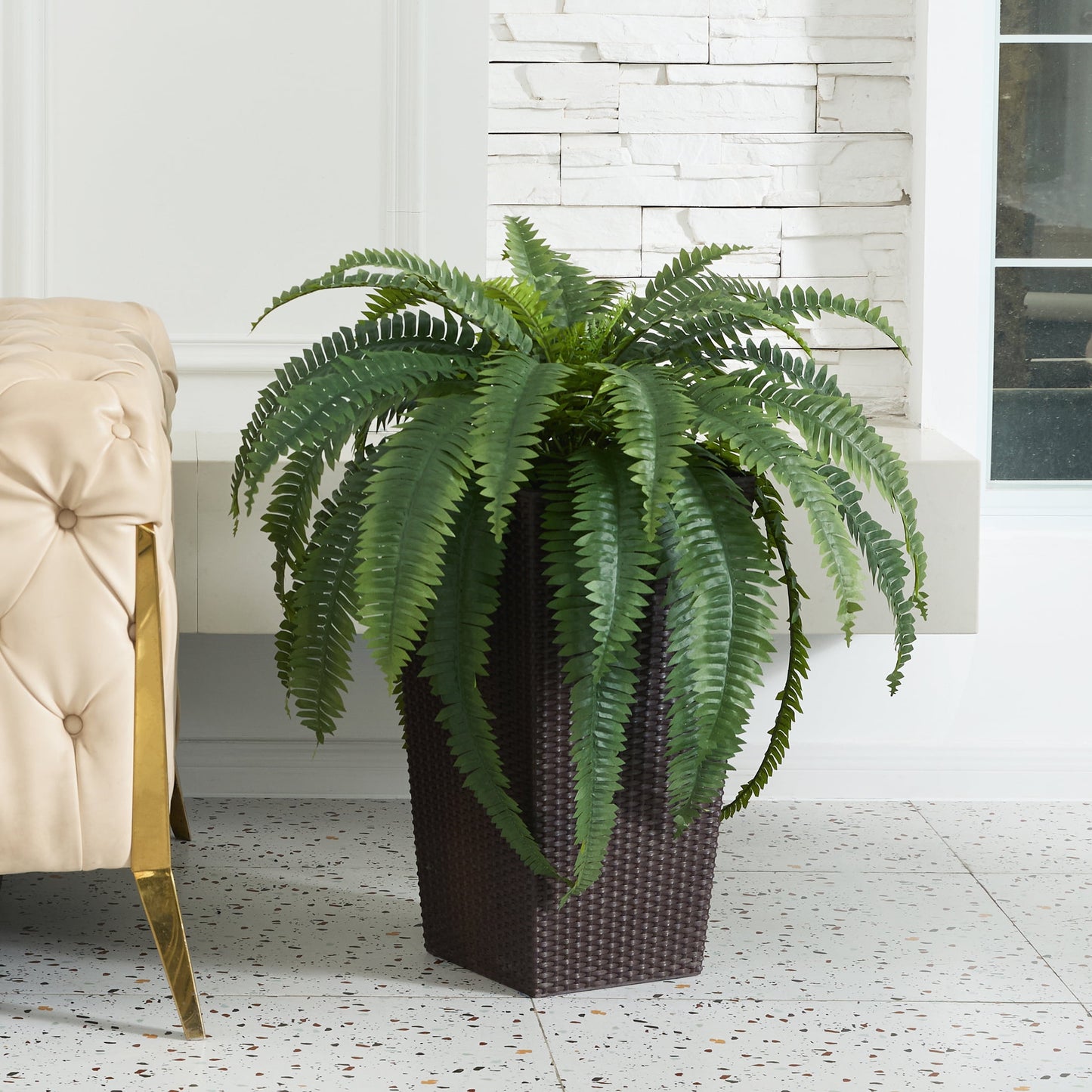 DR.Planzen Artificial Boston Fern Bush Plant with Brown Tapered Planter - UV Resistant Faux Ferns with 39 Leaves