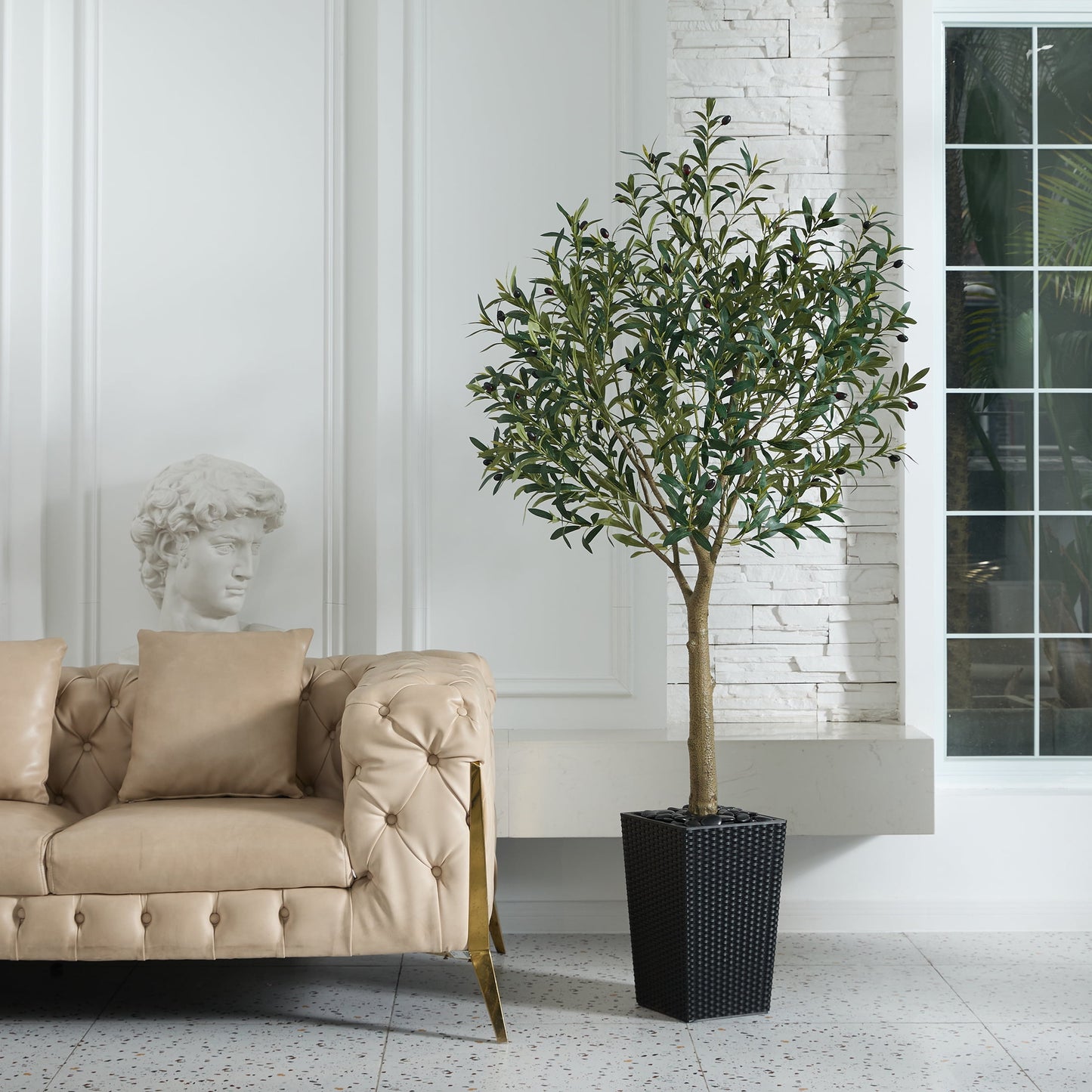 DR.Planzen UV Resistant 6ft Artificial Olive Tree in Black Large Planter with Pebbles¨C Faux Olive Tree for Indoor and Outdoor Decor, Lifelike Greenery for Home & Garden Decor