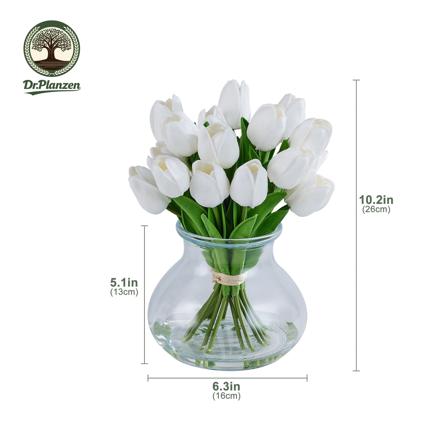 DR.Planzen Artificial White Tulip Arrangement in Glass Vase, 8 Bloom Fake Flowers with Faux Water, 10.2in Tall Home Decor Centerpiece