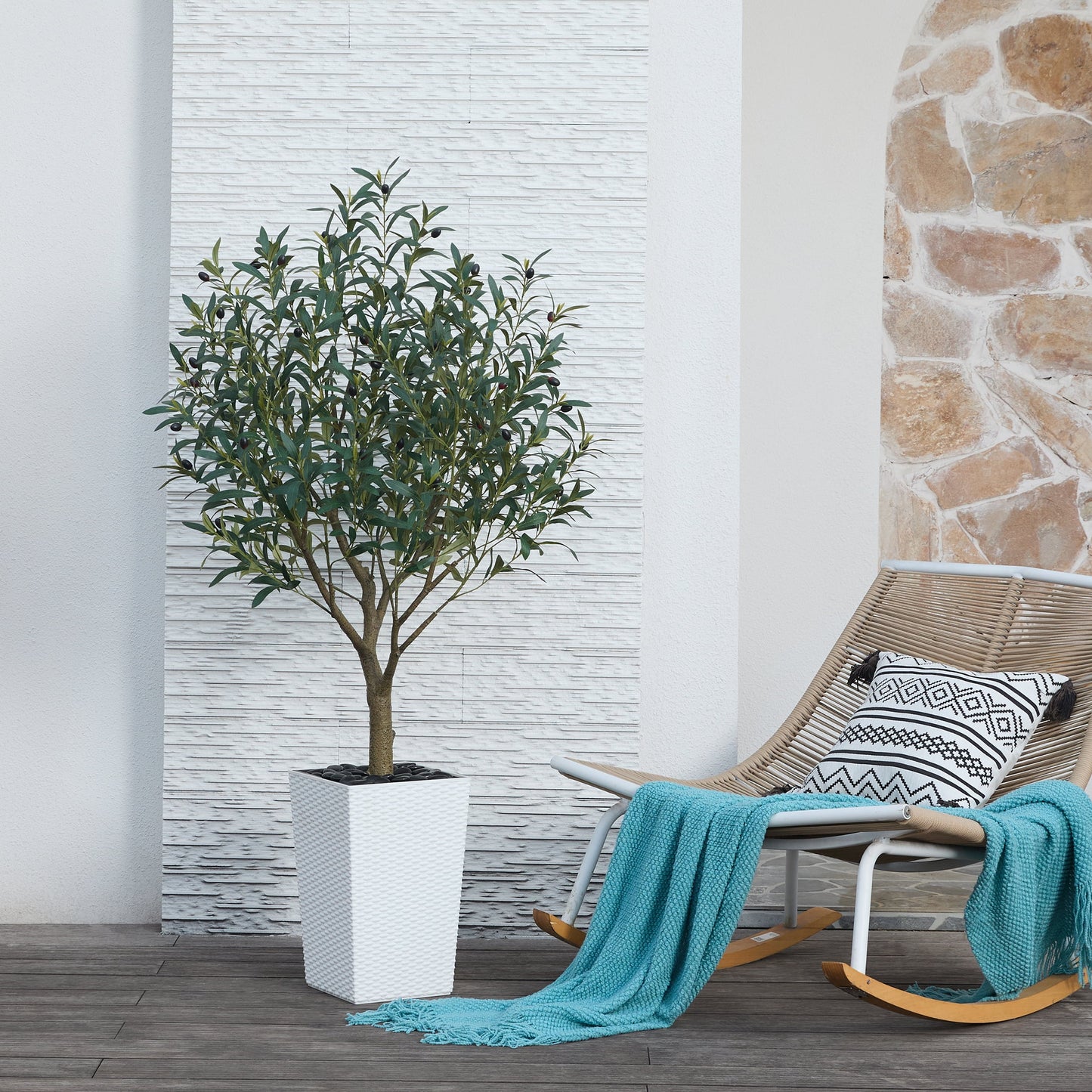 DR.Planzen UV Resistant 5ft Artificial Olive Tree in White Large Planter with Pebbles¨C Faux Olive Tree for Indoor and Outdoor Decor, Lifelike Greenery for Home & Garden Decor