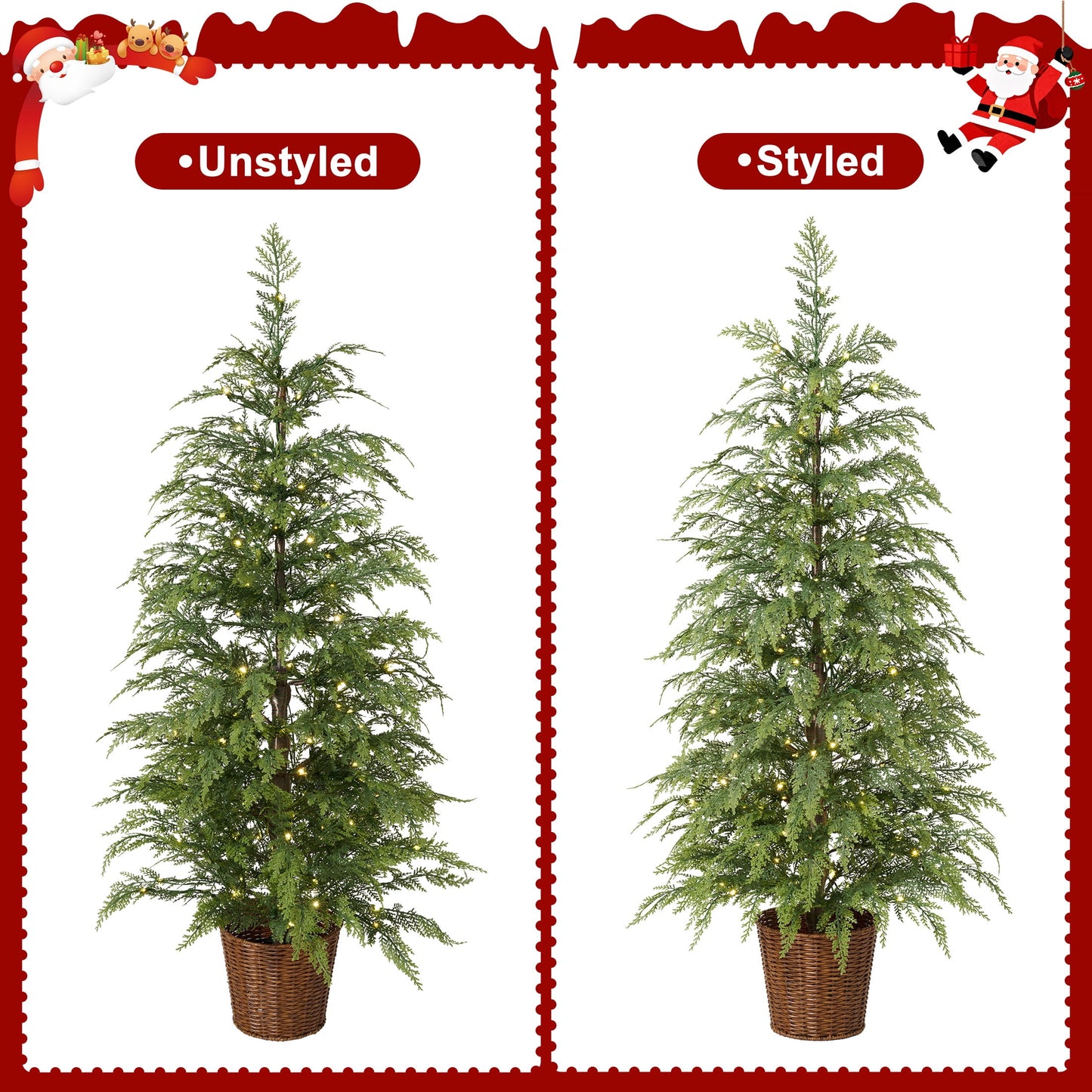 DR.Planzen 4' Pre-Lit Green Cypress Artificial Christmas Potted Tree with 100 Warm White Twinkle LED Lights, Indoor Tabletop Holiday Decoration in Woven Basket Base