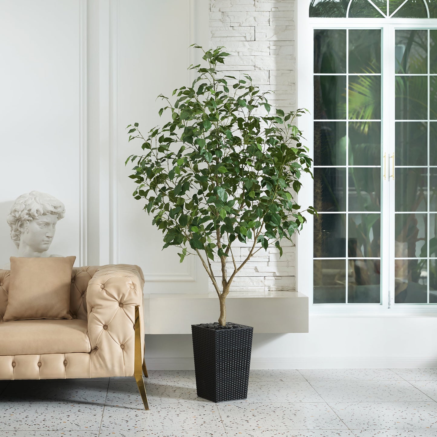 DR.Planzen Artificial Ficus Tree 6ft - UV Protected Faux Ficus Plant with Adjustable Branches and Realistic Green Leaves for Indoor & Outdoor Decor, Black Large Planter with River Rocks