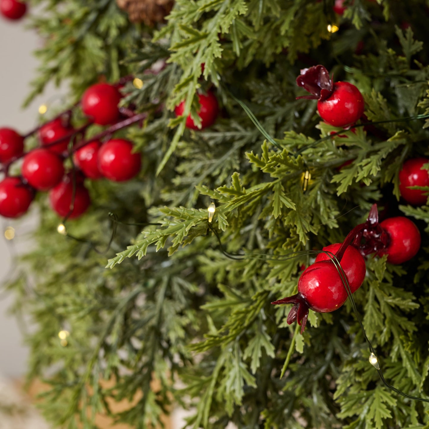 DR.Planzen 12-Pack 17" Pre-Lit Artificial Cypress Branches with Red Berries, Battery Operated Warm White LED Lights, DIY Christmas Tree Filler & Holiday Centerpiece