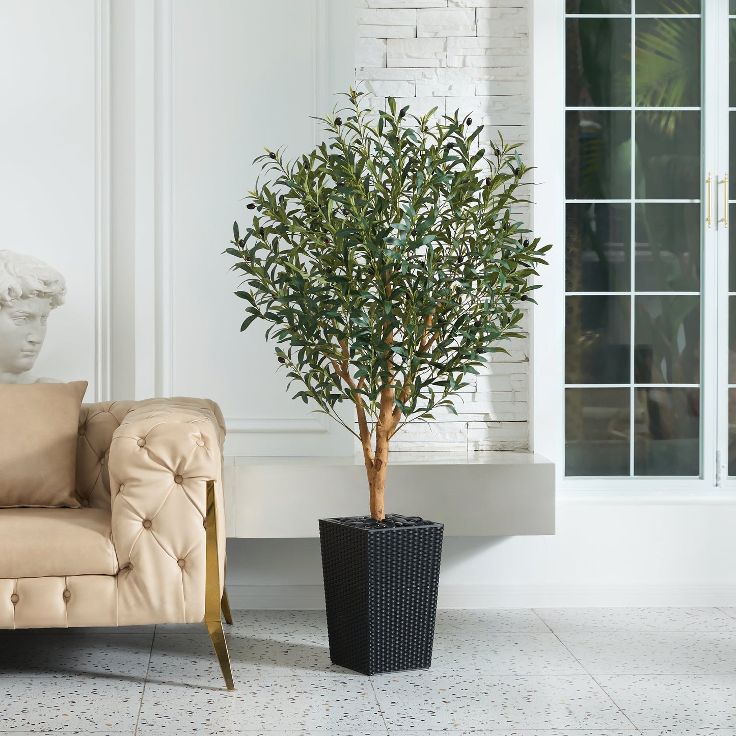 DR.Planzen UV Resistant 5ft Artificial Olive Tree with Natural Wood Branches and Realistic Silk Leaves,Faux Olive Tree for Indoor and Outdoor Decor - Black Large Planter with Pebbles