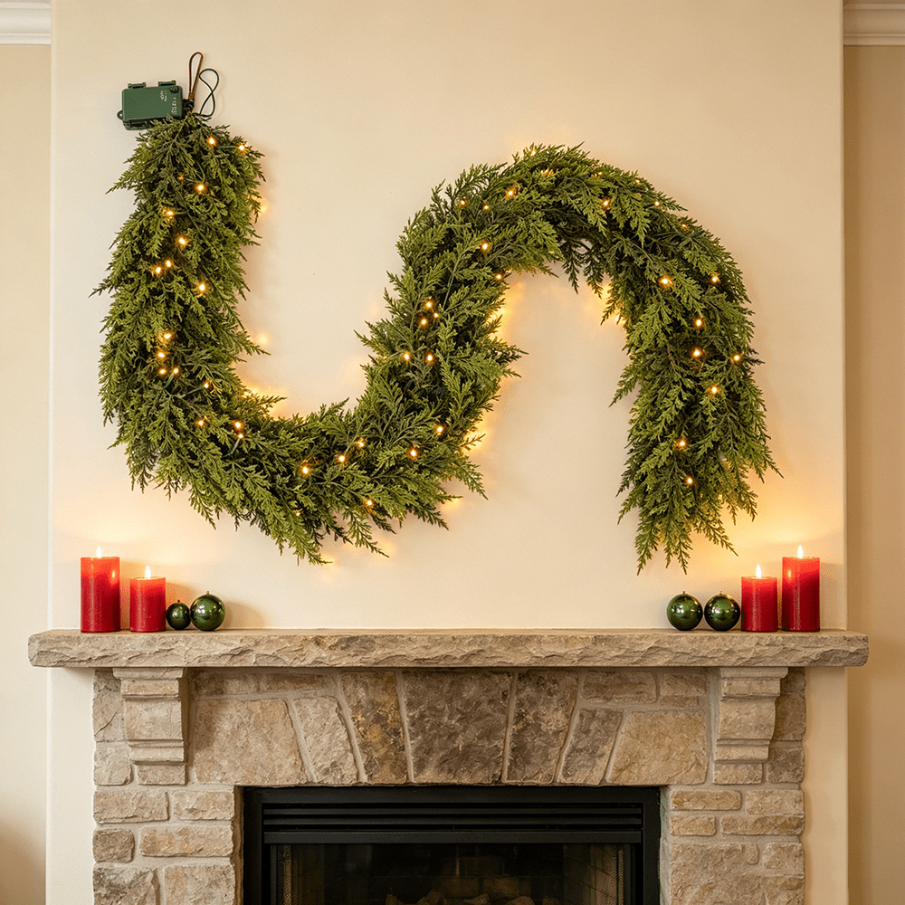 DR.Planzen 6FT Artificial Norfolk Pine Garland with LED Lights, 600 PE Tips Prelit Christmas Garland, Lighted Artificial Pine Garland - 50 Warm White LEDs for Mantel Fireplace Table