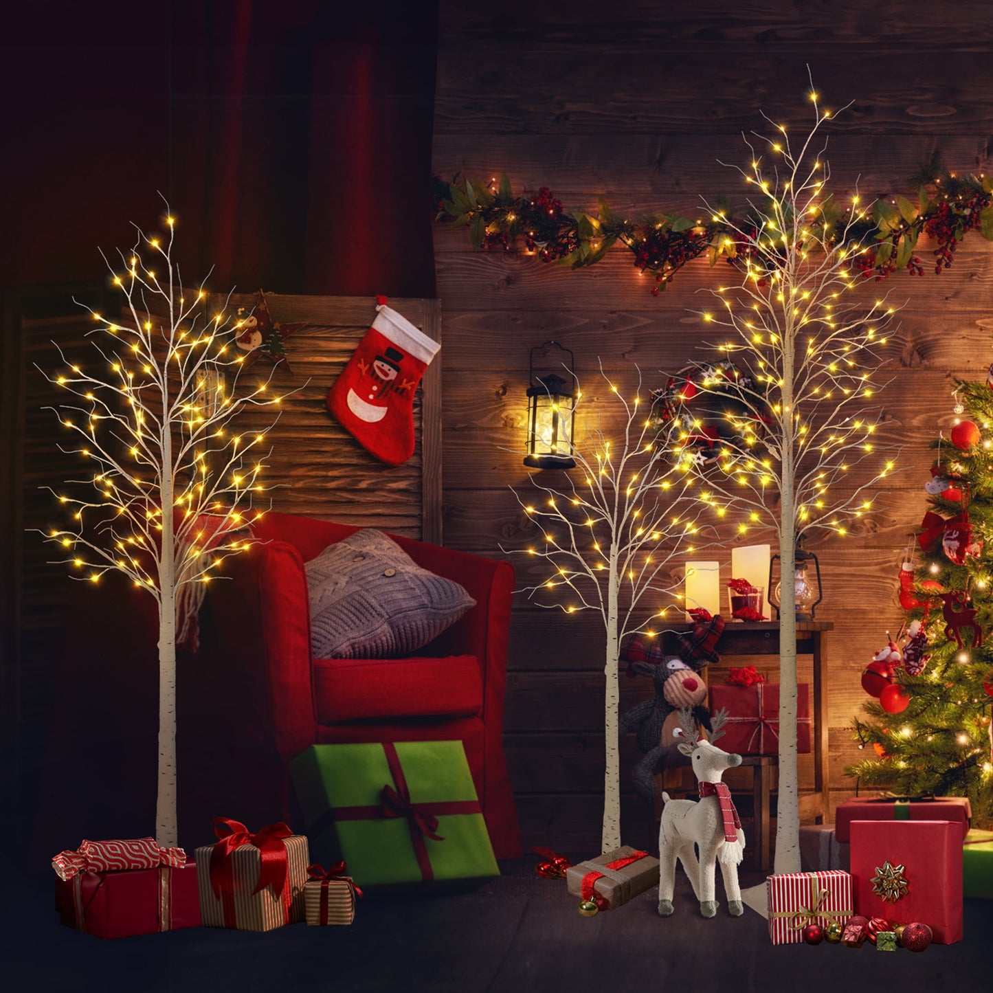 LED Birch Tree Light Set - 4ft, 6ft, 8ft Artificial Pre-lit Trees - with Plug-in Warm Lights - Indoor Outdoor Christmas Holiday Wedding Decor for Home Party (3-Pack)