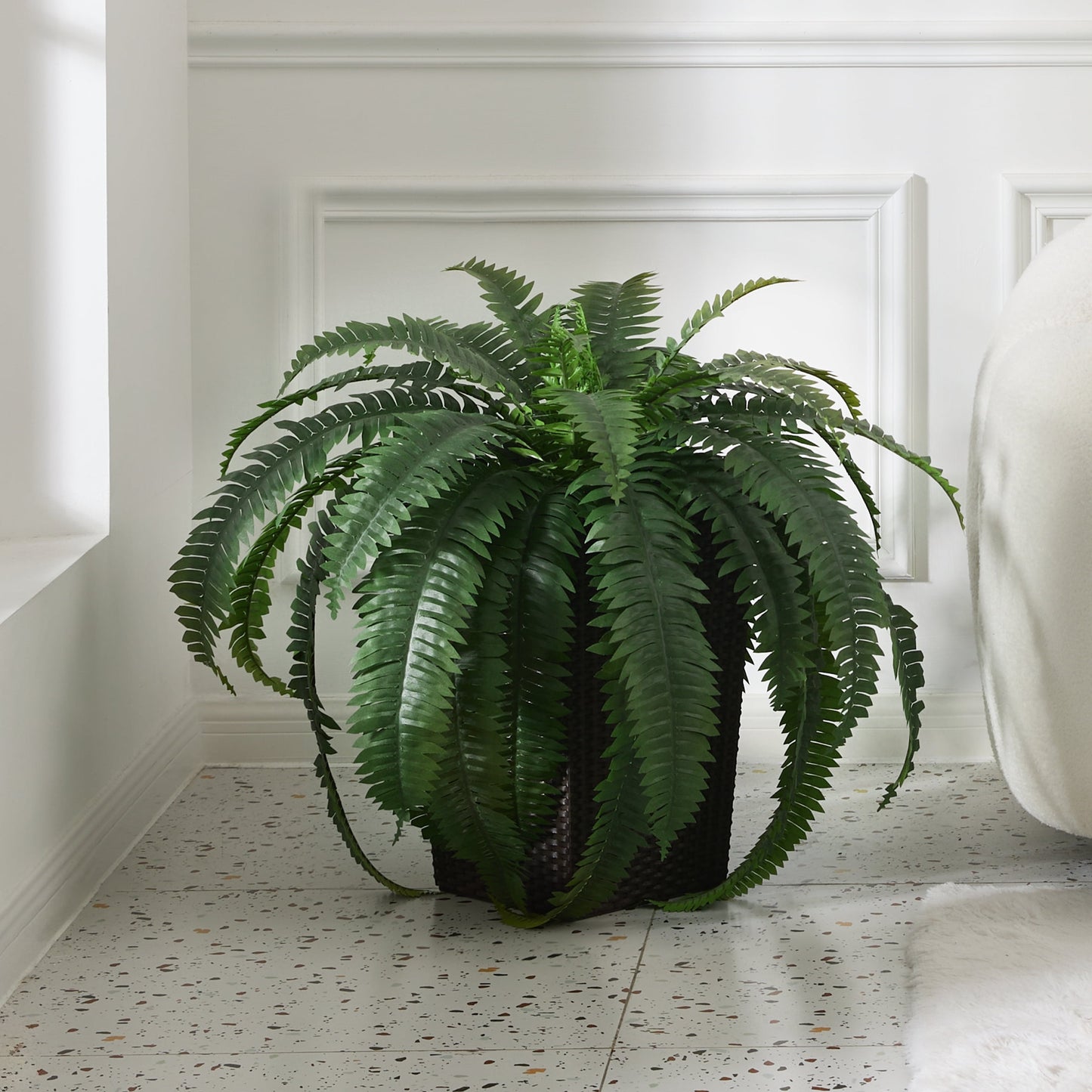 DR.Planzen Artificial Boston Fern Bush Plant with Brown Tapered Planter - UV Resistant Faux Ferns with 33 Leaves