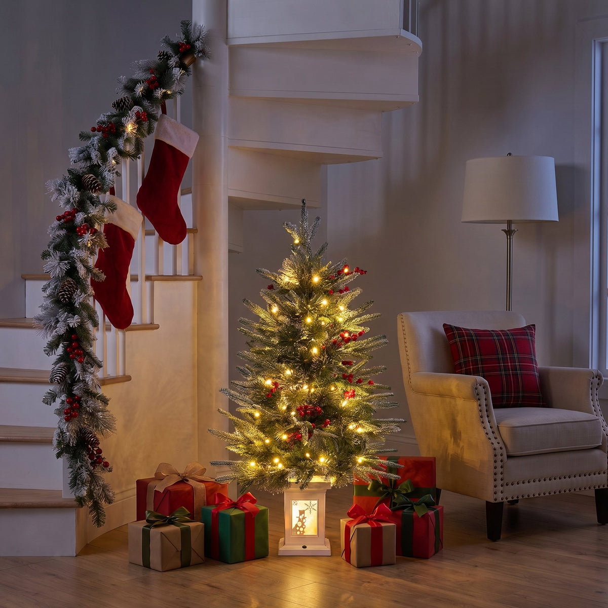 DR.Planzen 3 FT Pre-Lit Flocked Christmas Tree, 78 Warm White LEDs, 8 Light Modes & Timer, Artificial Tree with Lighted White Pedestal Base