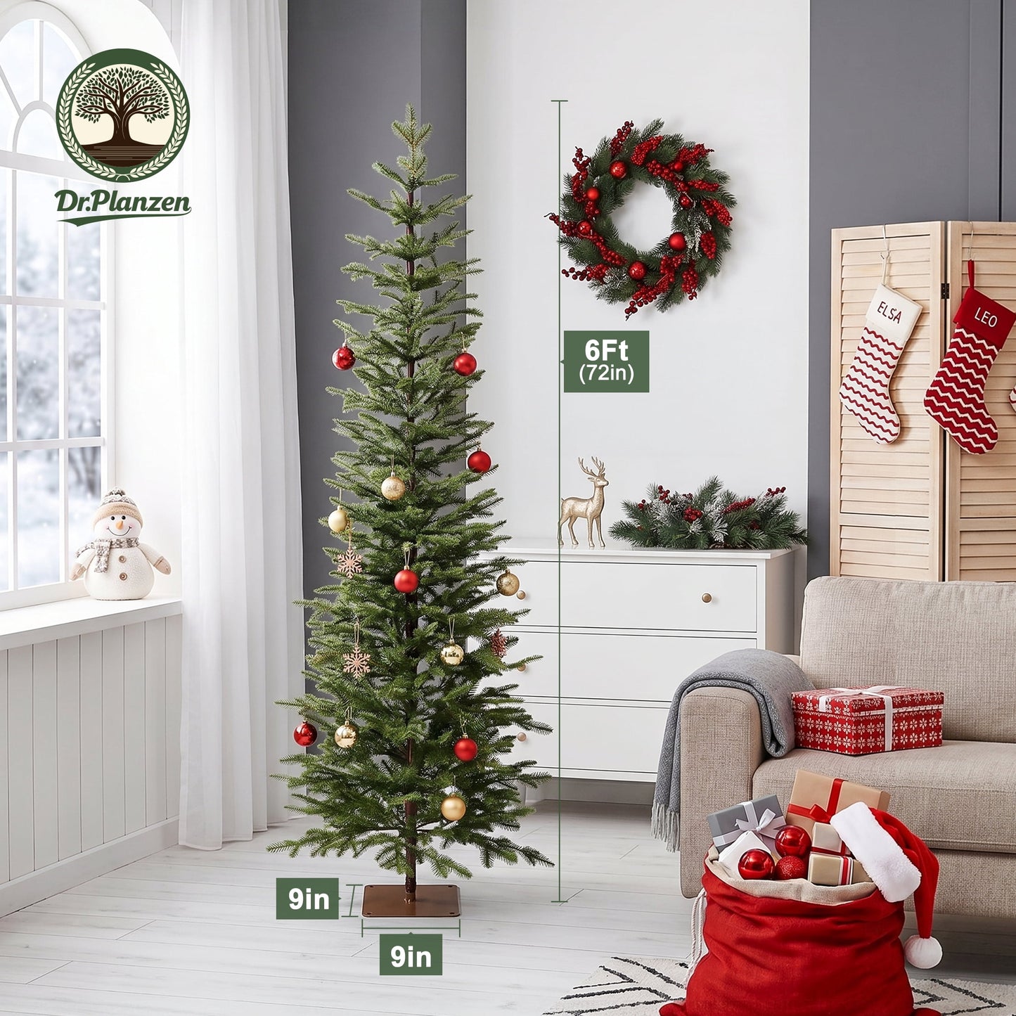 DR.Planzen 6ft Prelit Pencil Christmas Tree with 150 Warm White LED Lights, 1571 PE Branch Tips, Iron Base, Slim Artificial Christmas Tree for Apartment, Entryway, Corner, Office