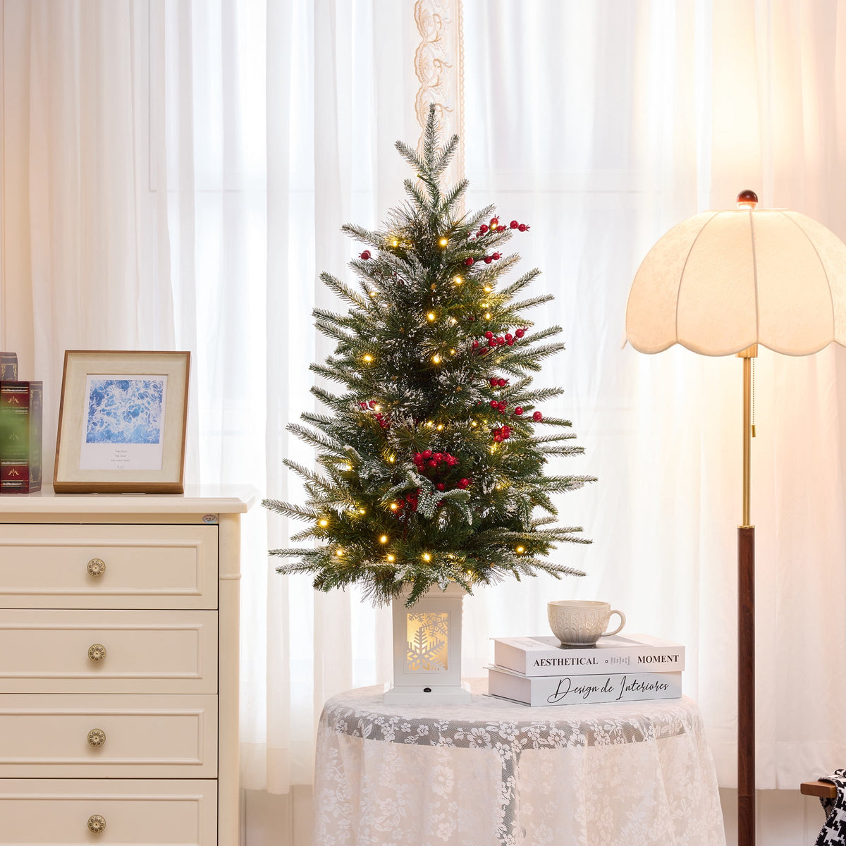 DR.Planzen 3 FT Pre-Lit Flocked Christmas Tree, 78 Warm White LEDs, 8 Light Modes & Timer, Artificial Tree with Lighted White Pedestal Base
