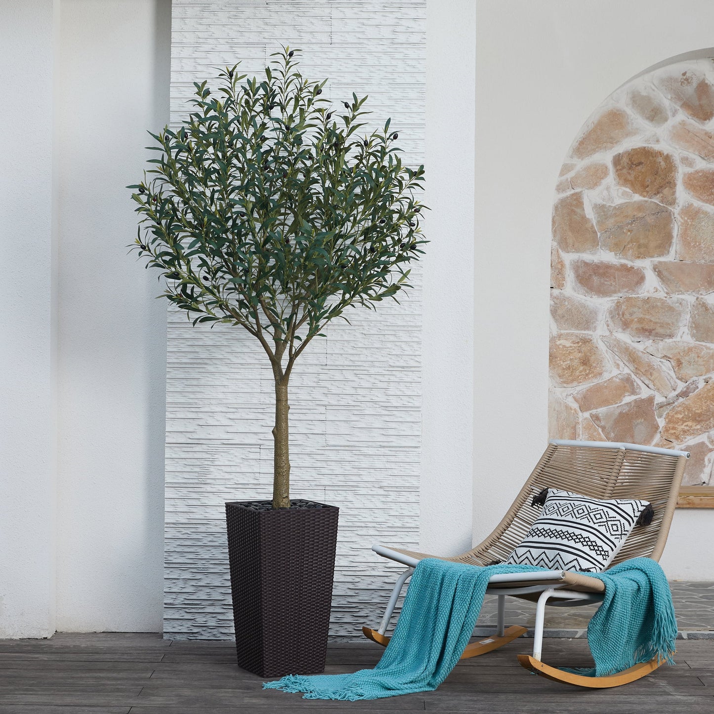 DR.Planzen UV Resistant 7ft Artificial Olive Tree in Brown Large Planter with Pebbles¨C Faux Olive Tree for Indoor and Outdoor Decor, Lifelike Greenery for Home & Garden Decor