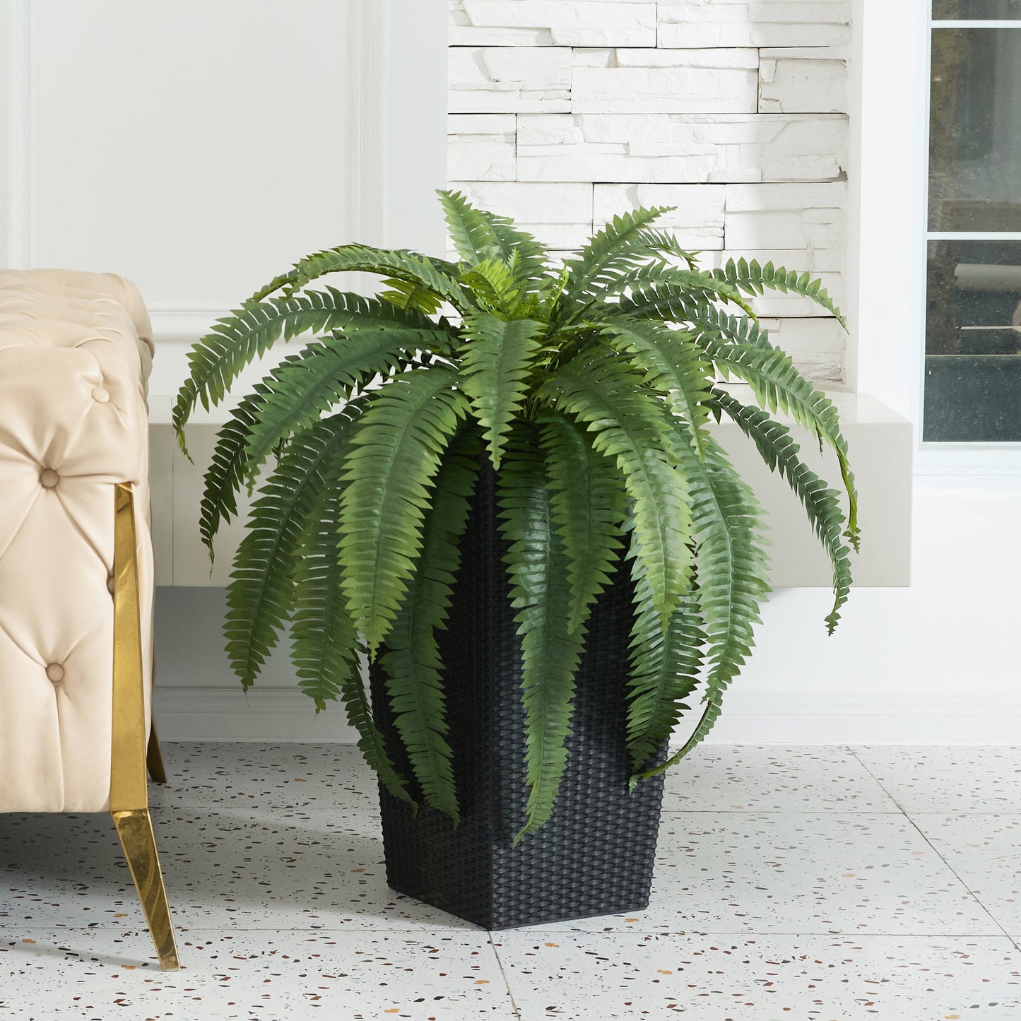 DR.Planzen Artificial Boston Fern Bush Plant with Black Tapered Planter - UV Resistant Faux Ferns with 39 Leaves