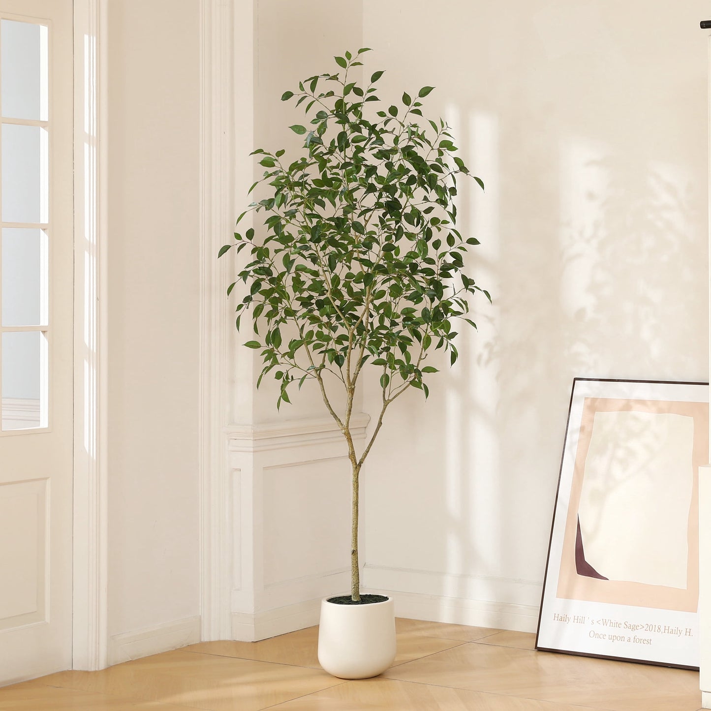 DR.Planzen 7ft Fake Ficus Tree with Oval White Planter, Pre Potted Faux Greenry Plant for Home Decor Office House Living Room Indoor Outdoor, Big Fake Plants Fake House Plants