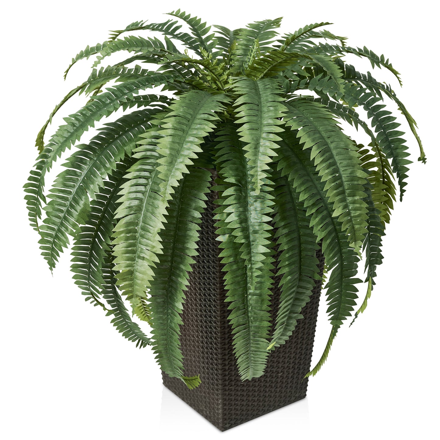DR.Planzen Artificial Boston Fern Bush Plant with Brown Tapered Planter - UV Resistant Faux Ferns with 39 Leaves