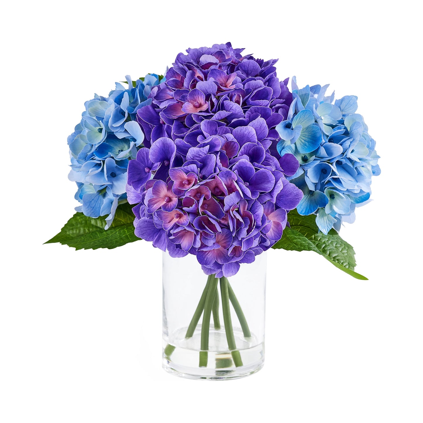 DR.Planzen 13in Artificial Hydrangea Flowers with Vase - Purple and Blue Faux Hydrangea Flowers, Clear Glass Vase with Faux Water, Table Centerpiece for Home Decor, Office, Wedding Party