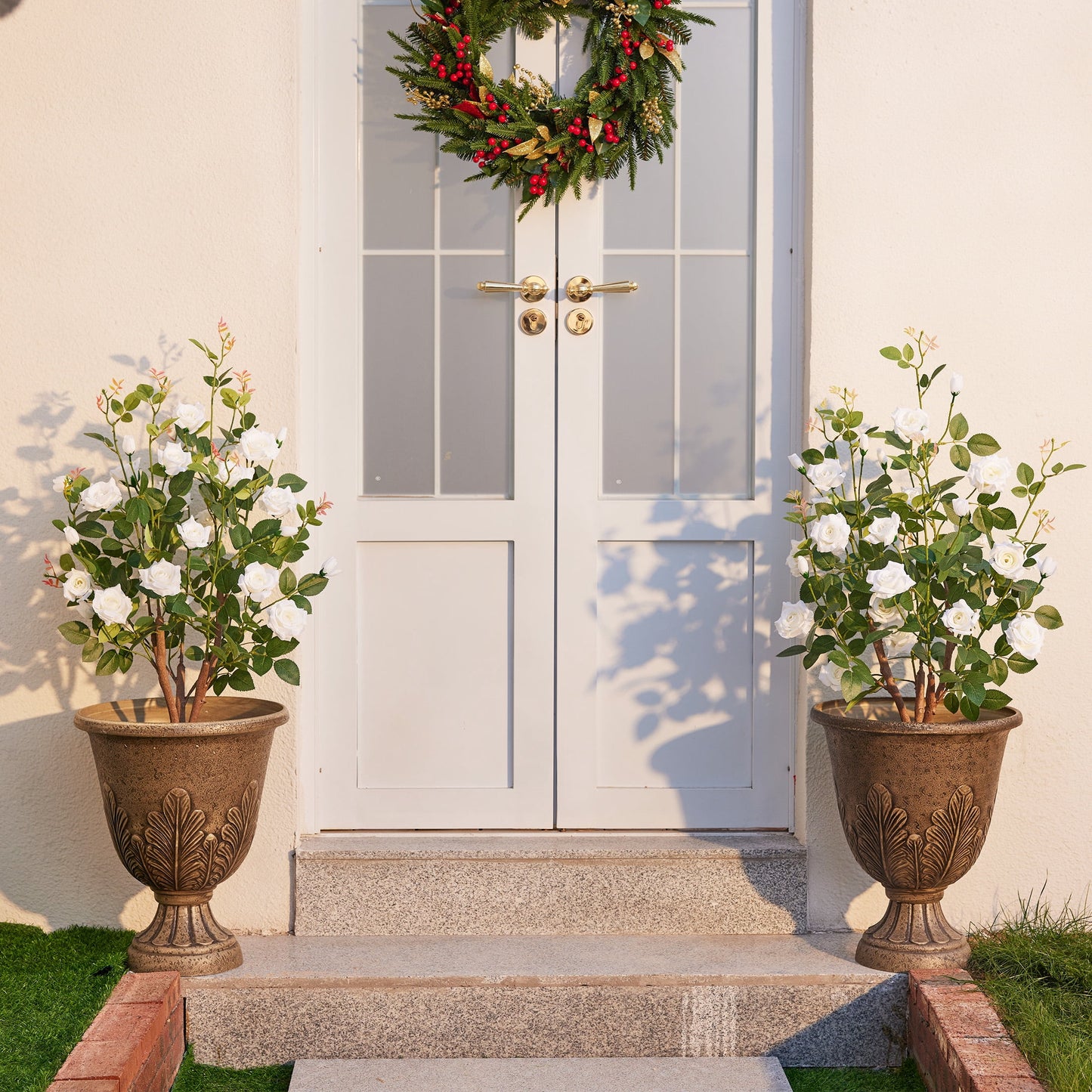 DR.Planzen 3ft Artificial White Rose Tree with Green Leaves, Lifelike Faux Rose Flower Tree for Home Decor Indoor Outdoor, Living Room Office Decoration