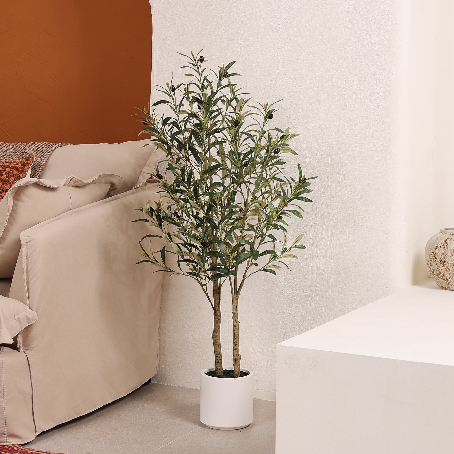 DR.Planzen 4.5ft Artificial Olive Tree with White Planter, Tall Faux Olive Tree, Artificial Plants with Lifelike Fruits for Home Office Decor