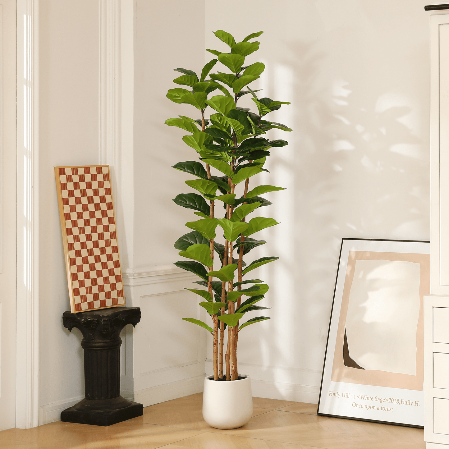 7ft Artificial Fiddle Leaf Fig Tree - Set of 5 Wooden Trunks in One Pot - Realistic Home Decor and Office Plant