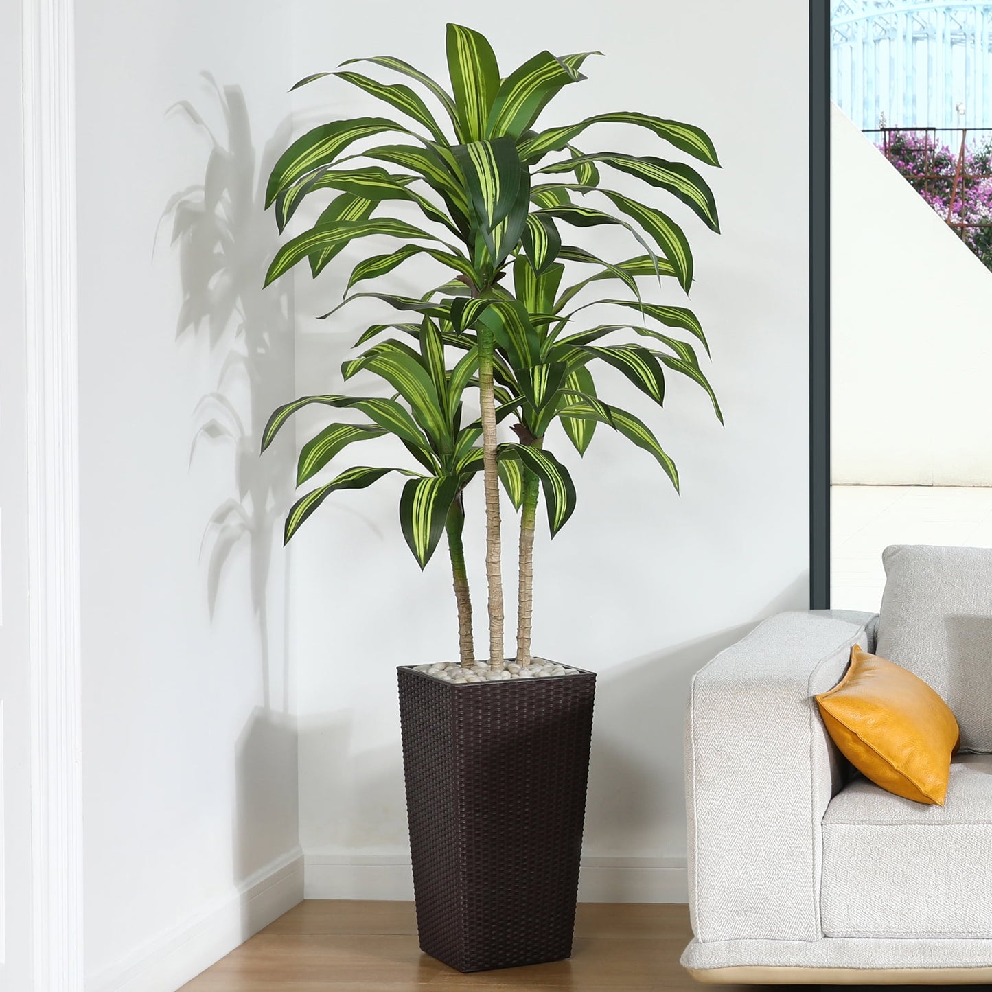 6ft UV Resistant Artificial Dracaena Tree with Brown Tall Planter, Pre Potted Fake Plants for Indoor Outdoor Home Decor, Big Faux Tree Fake Plants for Office House Decor