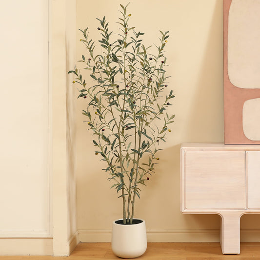 6ft Fake Plastic Olive Tree with Oval White Planter, Pre Potted Faux Greenry Plant for Home Decor Office House Living Room Indoor Outdoor, Big Fake Plants Fake House Plants