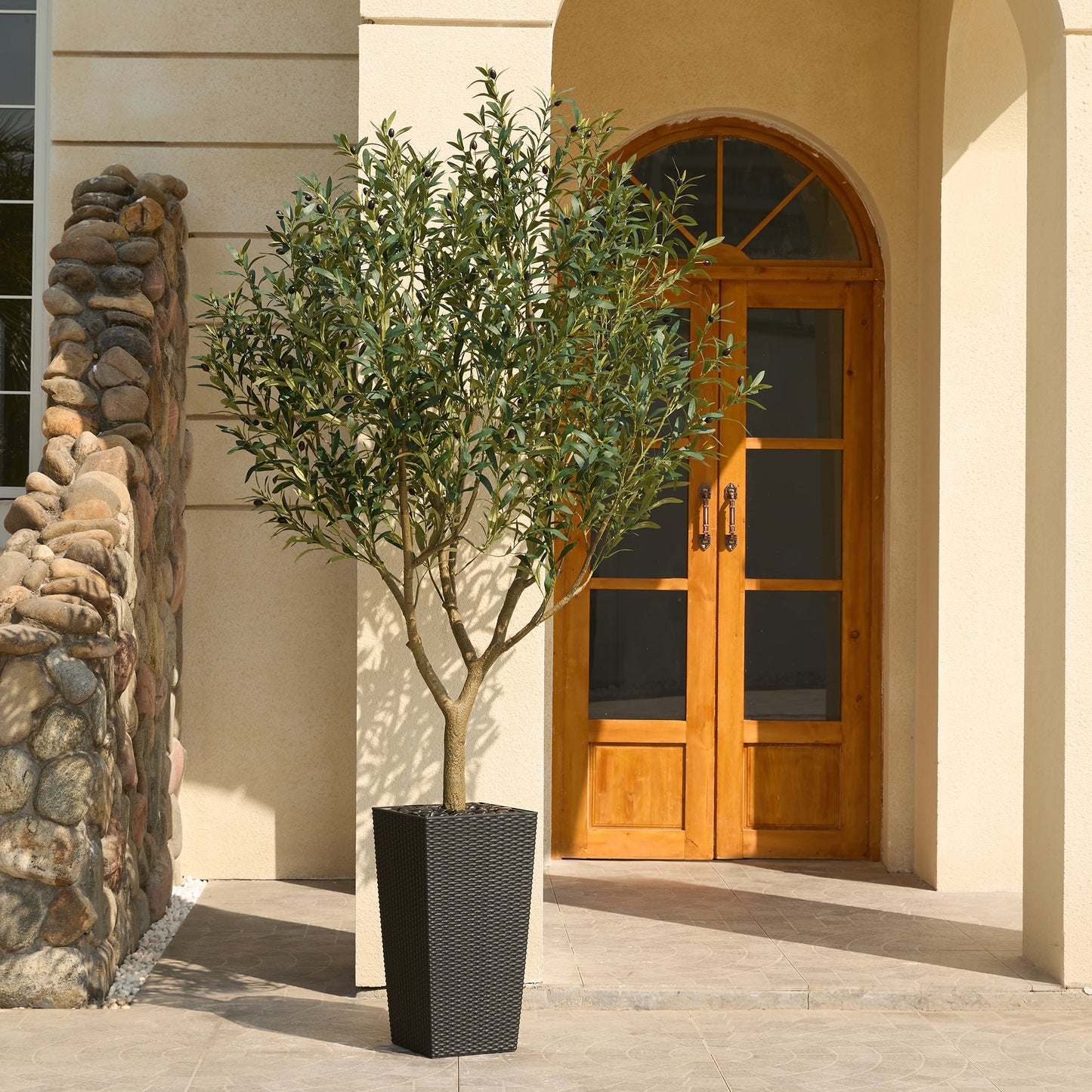 DR.Planzen UV Resistant 8ft Artificial Olive Tree in Black Large Planter with Pebbles¨C Faux Olive Tree for Indoor and Outdoor Decor, Lifelike Greenery for Home & Garden Decor