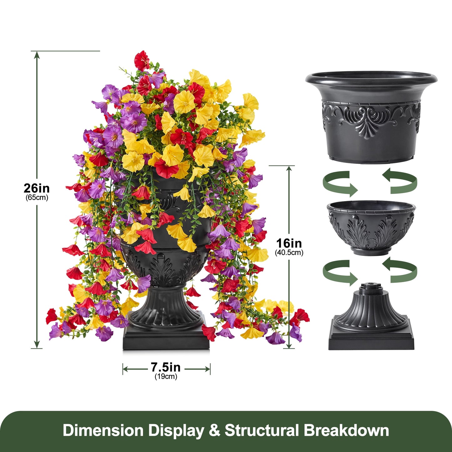 Artificial Hanging Flowers in Black Urn Planter, 2 Pack 26in Faux Morning Glory Flowers, Fake Hanging Plants, Artificial Flowers, Hanging Flowers with 333 Blooms - Front Porch Patio Decor