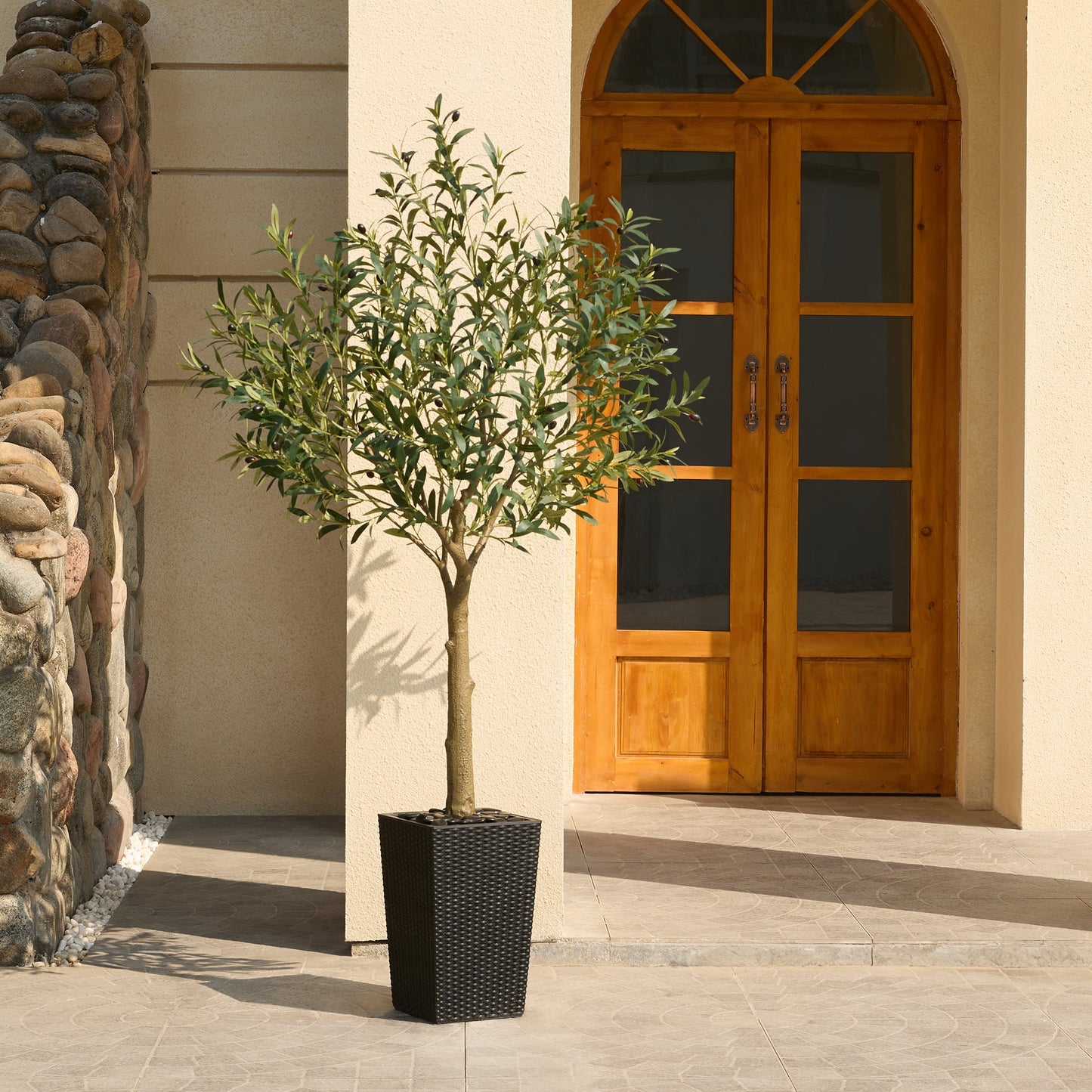 DR.Planzen UV Resistant 6ft Artificial Olive Tree in Black Large Planter with Pebbles¨C Faux Olive Tree for Indoor and Outdoor Decor, Lifelike Greenery for Home & Garden Decor