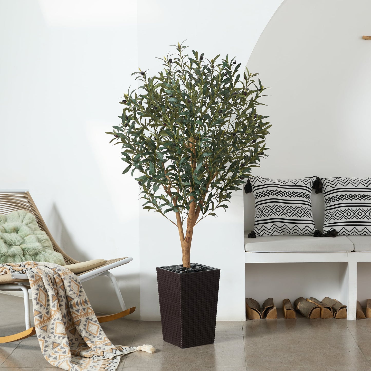 DR.Planzen UV Resistant 5ft Artificial Olive Tree with Natural Wood Branches and Realistic Silk Leaves,Faux Olive Tree for Indoor and Outdoor Decor - Brown Large Planter with Pebbles