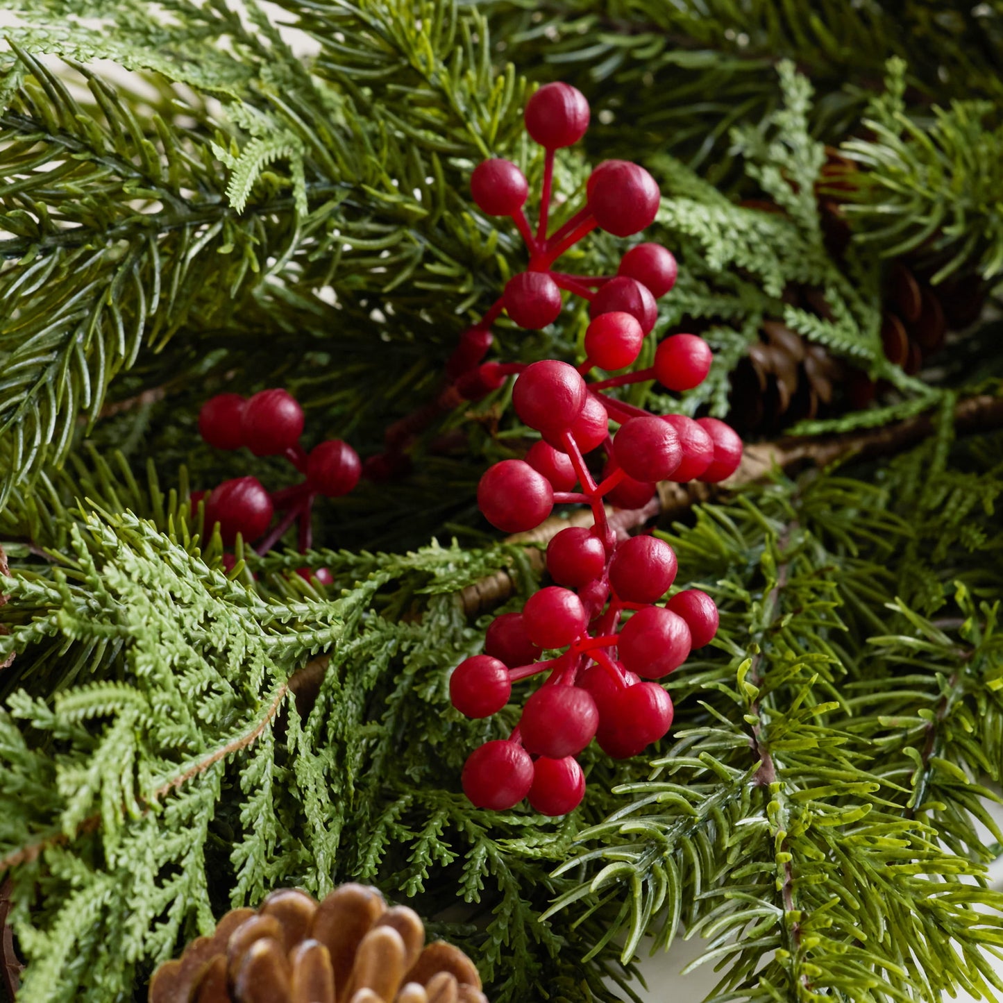 DR.Planzen 6ft Artificial Pine & Berry Foliage Spray with Red Cones, Long Flexible Greenery Garland for DIY Christmas Tree Filler, Wreaths & Vase Filler