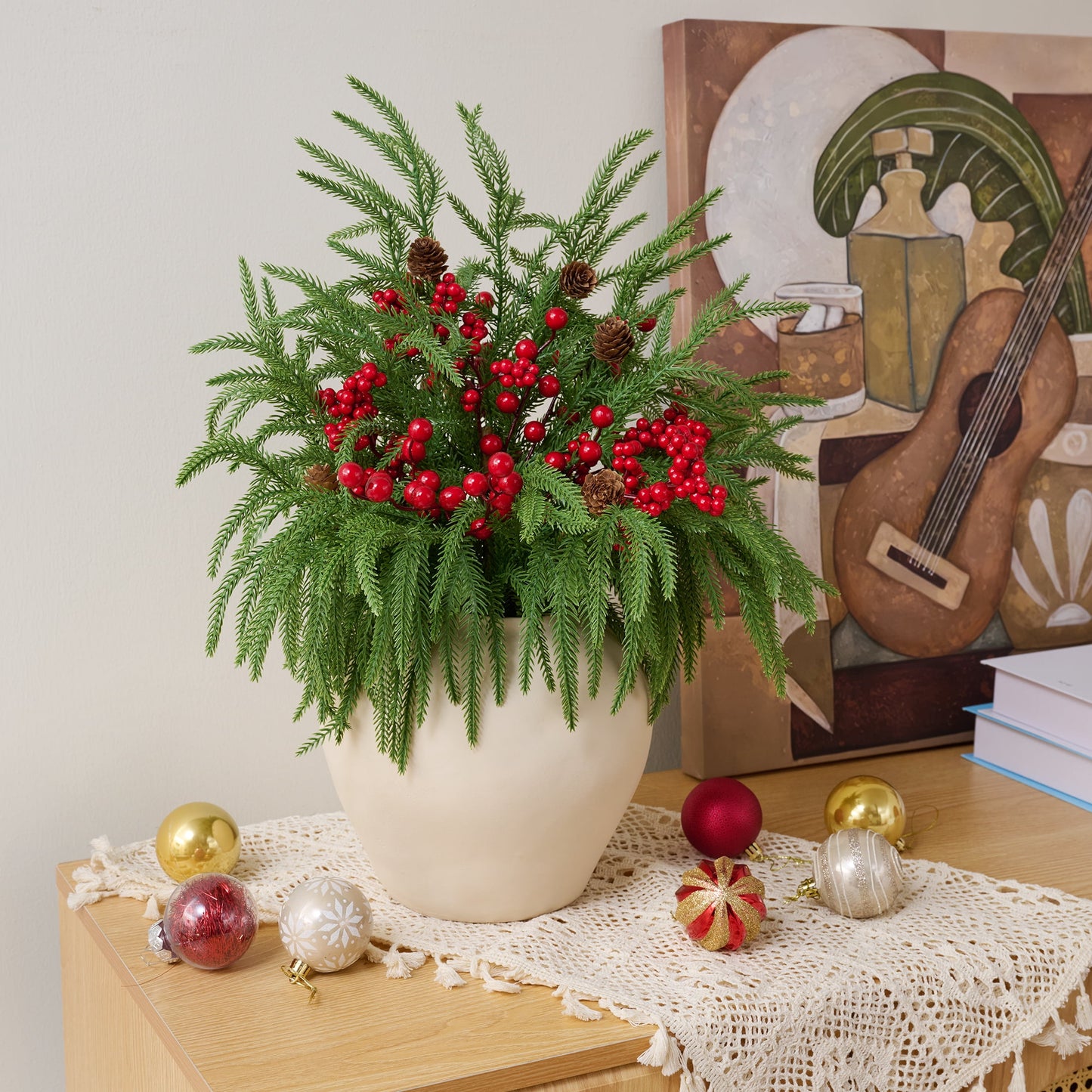 DR.Planzen 22" Red Berry & Pinecone Artificial Christmas Plant in Decorative Pot, Realistic Norfolk Pine Centerpiece with 300 PE Leaves, Indoor Holiday Tabletop Decor