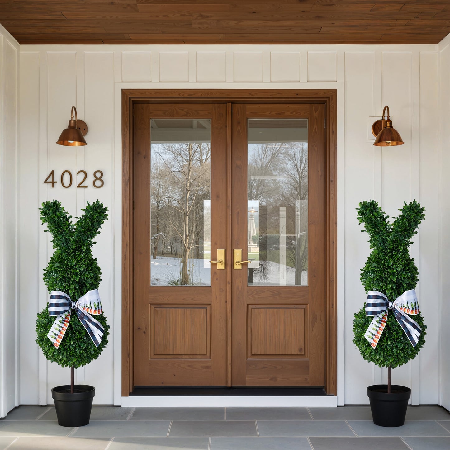 DR.Planzen 2 Pack 36-inch Artificial Boxwood Easter Bunny Topiary in Weighted Black Pot, UV-Resistant Faux Plant for Indoor Outdoor Spring Decor