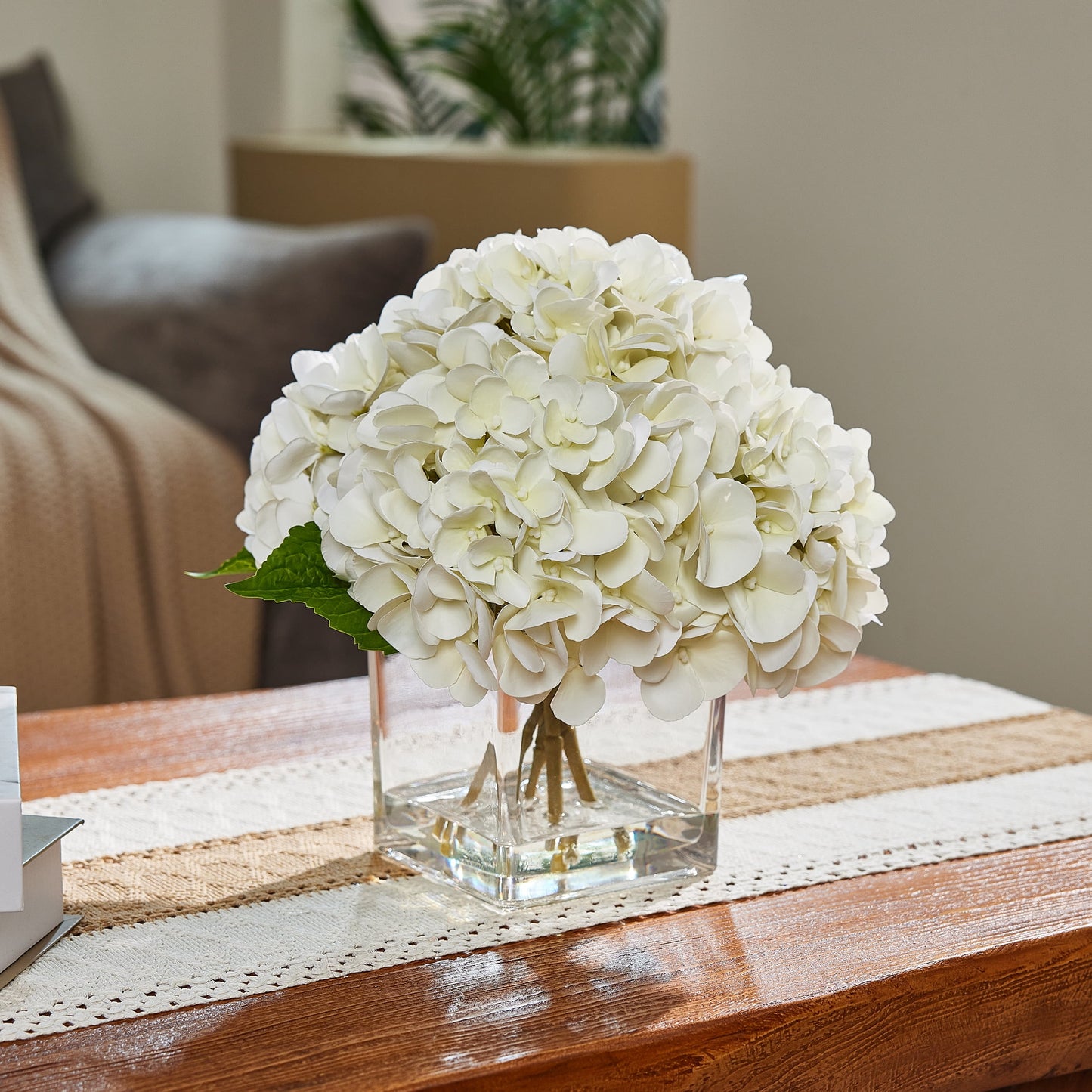 12in Artificial Hydrangea Flowers with Glass Vase, Hydrangea Artificial Flowers White Faux Hydrangea Arrangement - 90 Blooms Full Hydrangea Centerpiece for Home Table Wedding Decor Indoor