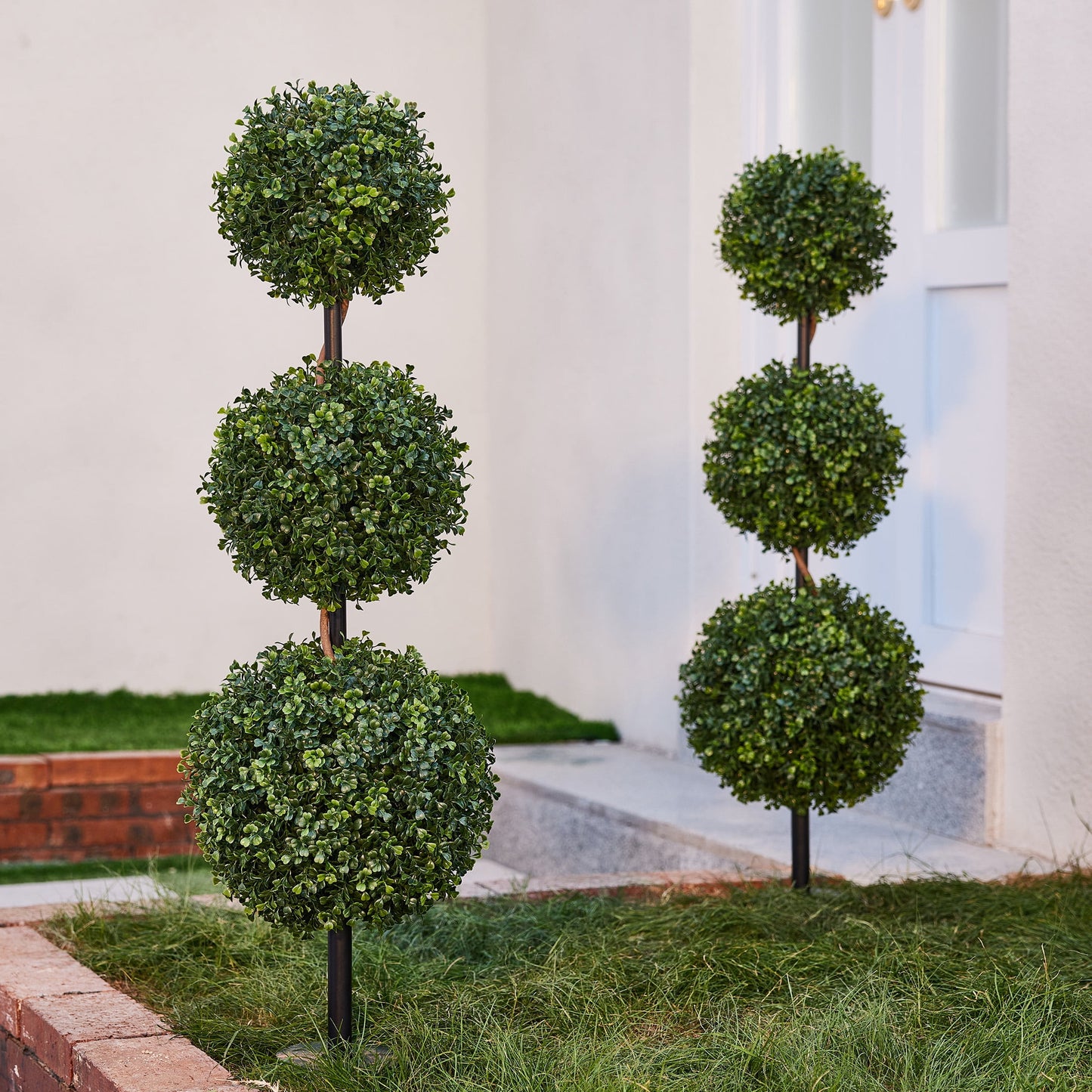 DR.Planzen 2 Pack 3 ft Artificial Boxwood Triple Ball Tree, Faux Topiary Plants, UV Resistant Outdoor Tree - 36in Porch Entryway Front Door Lawn Stake with Realistic PE Leaves & Metal Pole